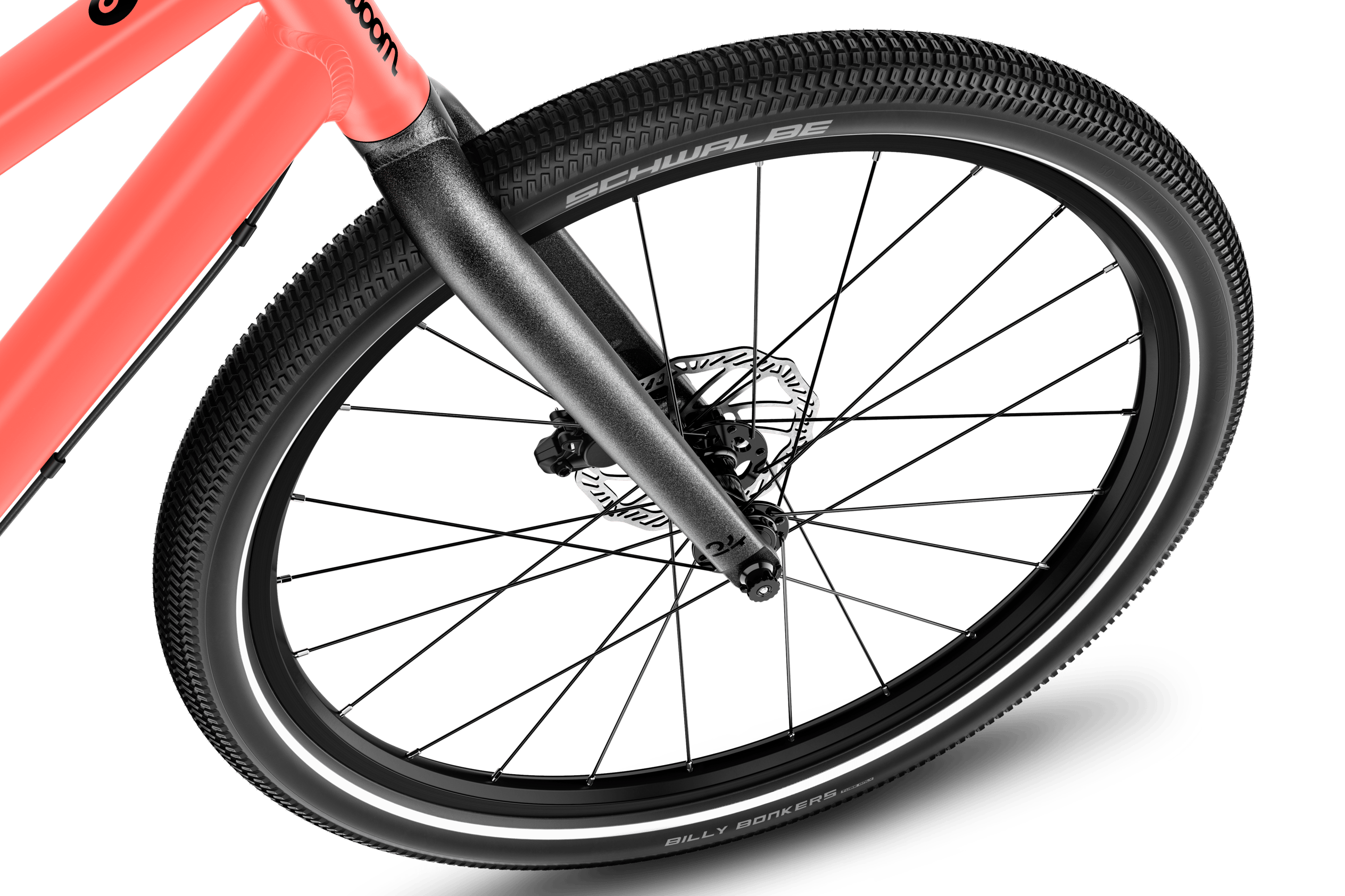 Vue détaillée de la roue avant de 24 pouces du vélo enfant woom EXPLORE 5