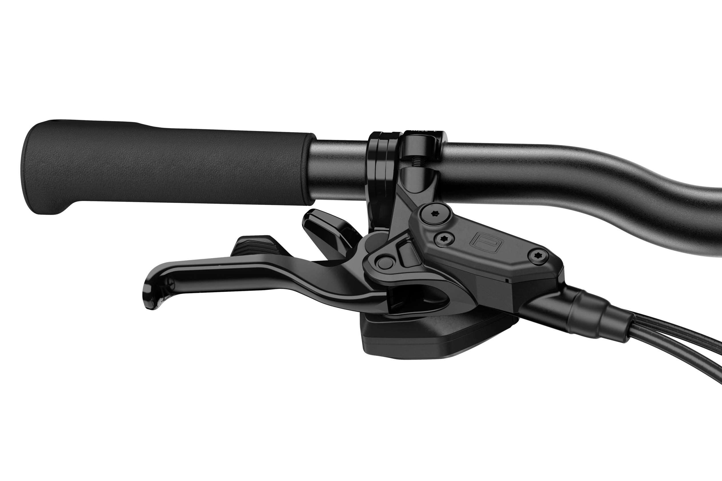 Front detailed view of the right-hand grip on the woom EXPLORE 5 children's bike, including brake lever and trigger shifter.