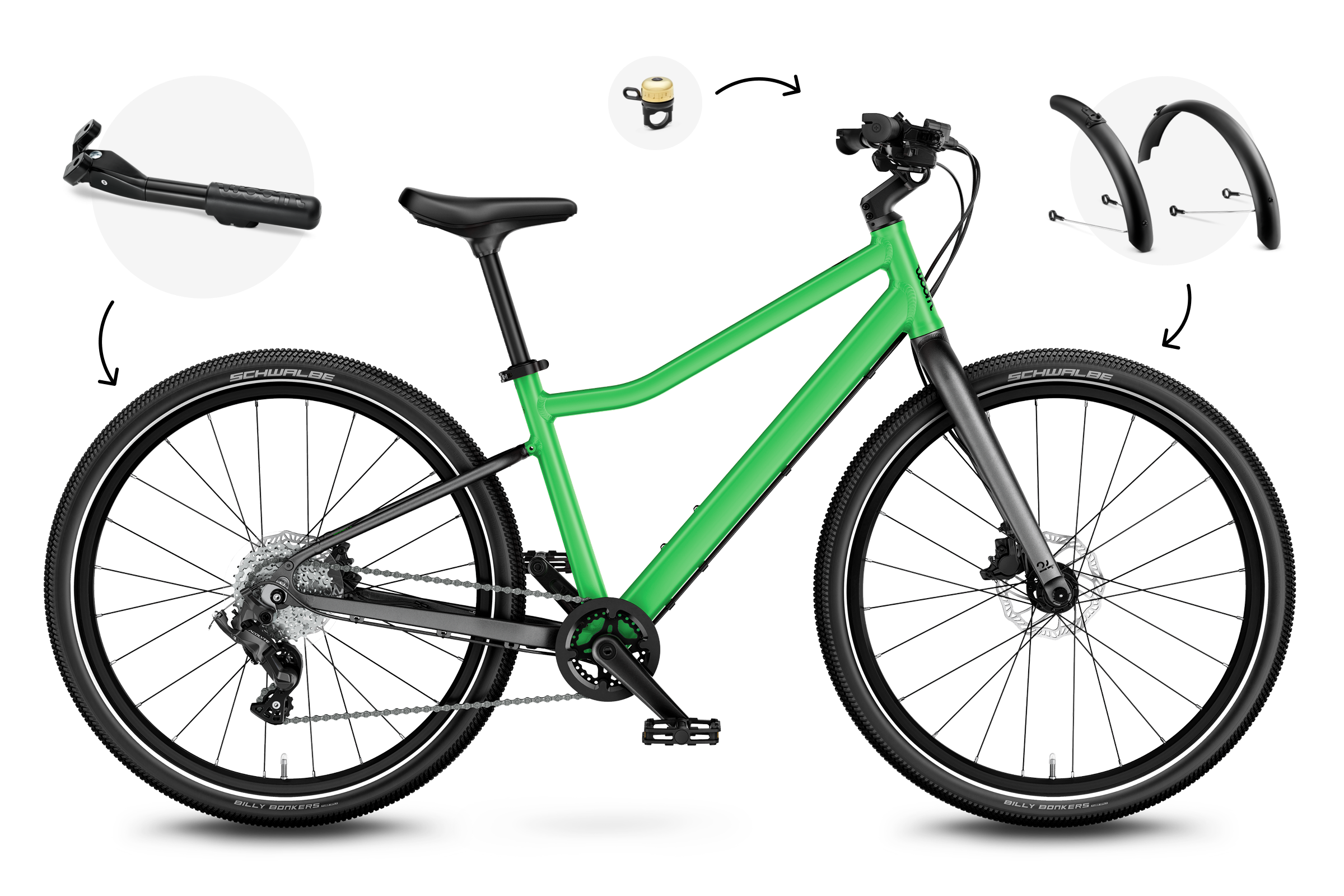 Side front view of the woom EXPLORE 5 bike for children aged 7 years and up.
