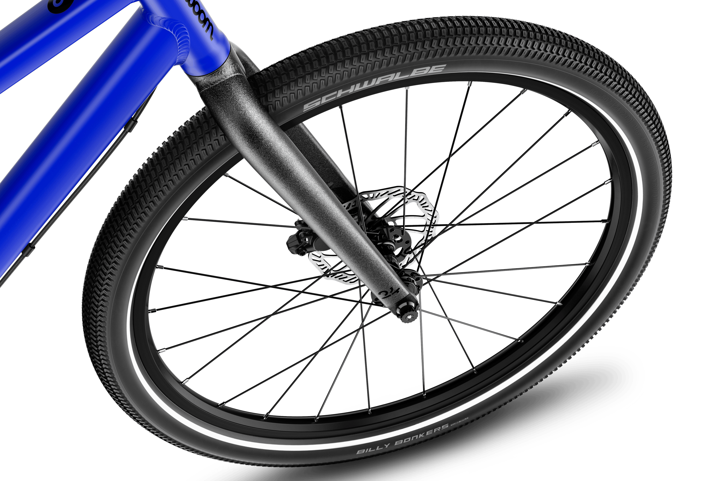 Detailansicht des 24-Zoll-Vorderrads am woom EXPLORE 5 Kinderfahrrad.