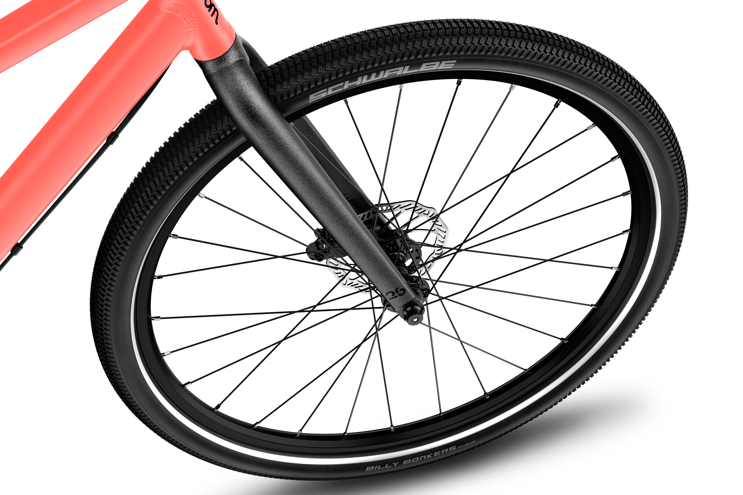 Detaljerad vy av framhjulet på 26 tum på woom EXPLORE 6-barncykeln.