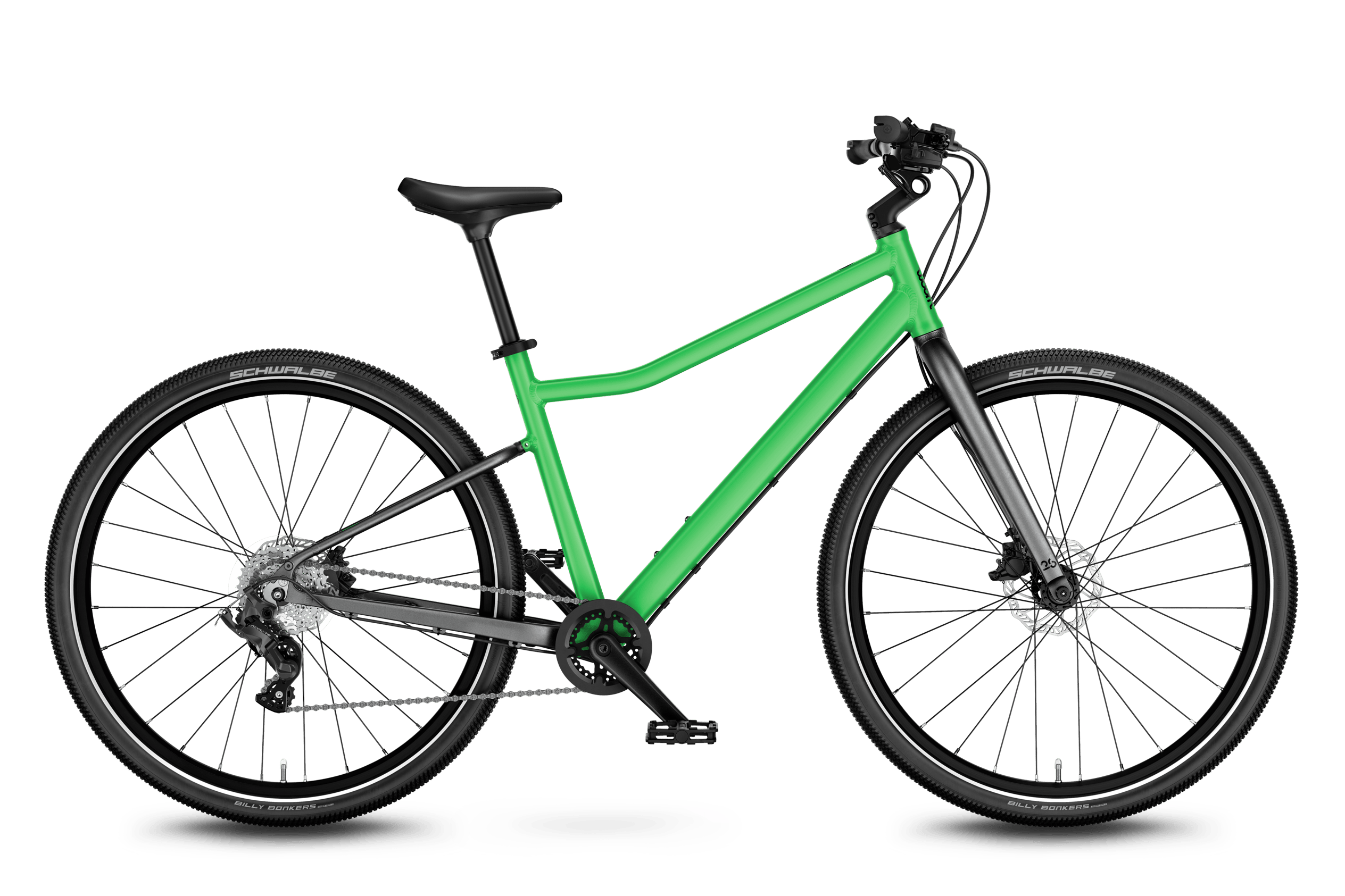 Vue latérale de face du vélo enfant woom EXPLORE 6 pour les enfants à partir de dix ans.