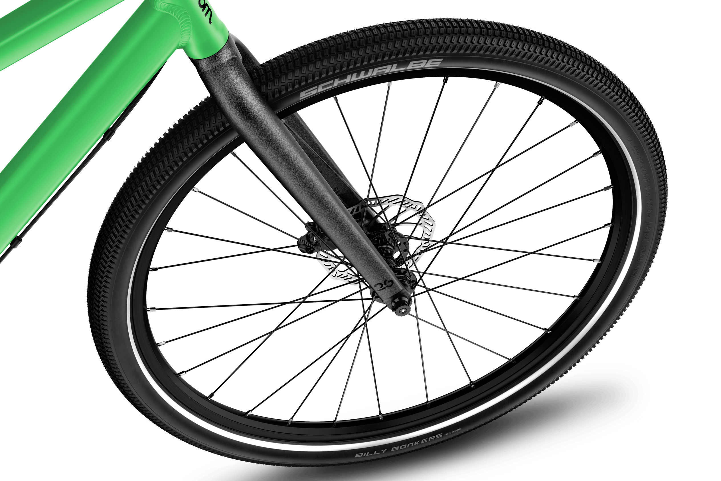 Vue détaillée de la roue avant de 26 pouces du vélo enfant woom EXPLORE 6