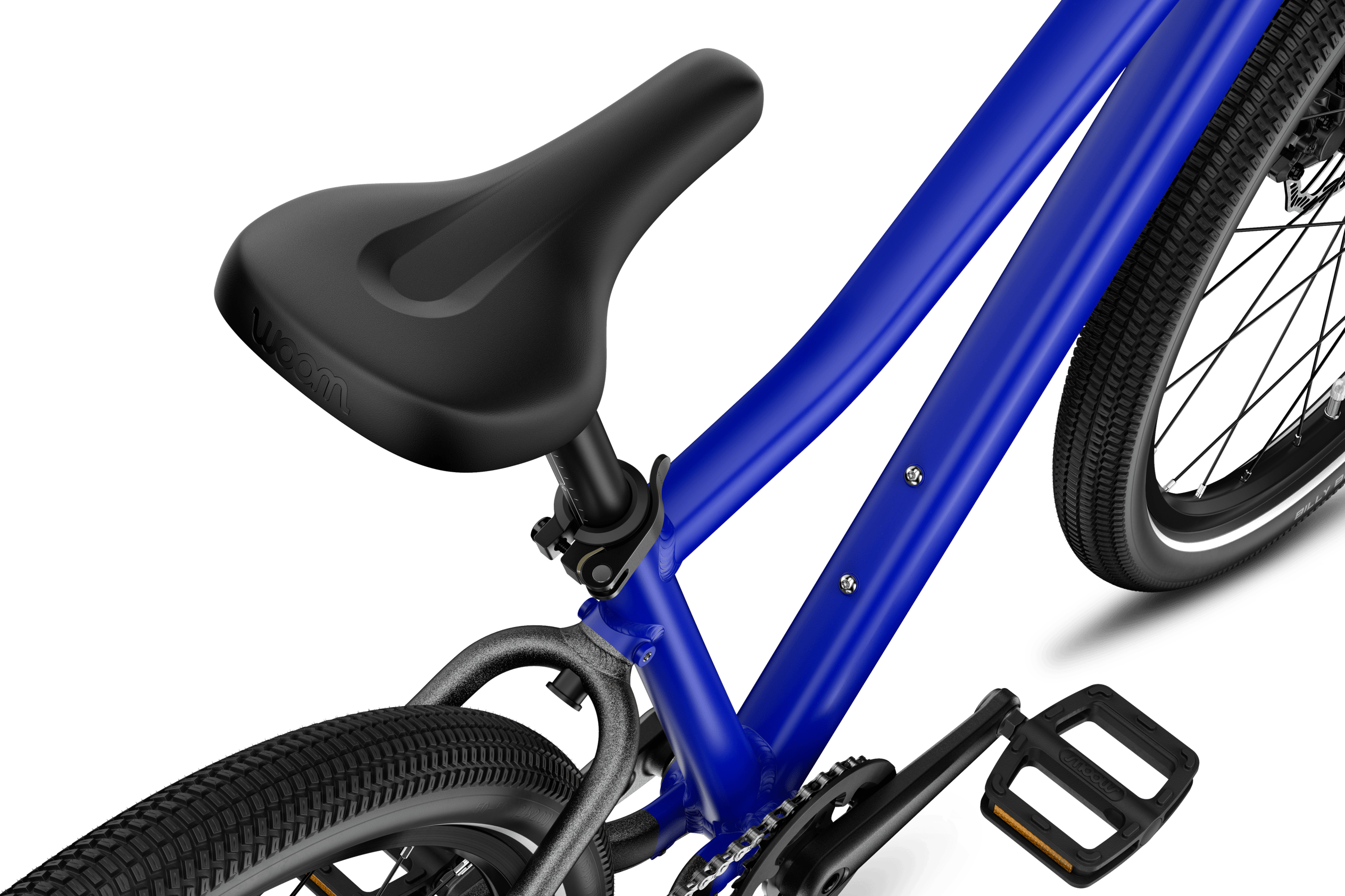 Detailansicht des schwarzen Sattels am woom EXPLORE 6 Kinderfahrrad.