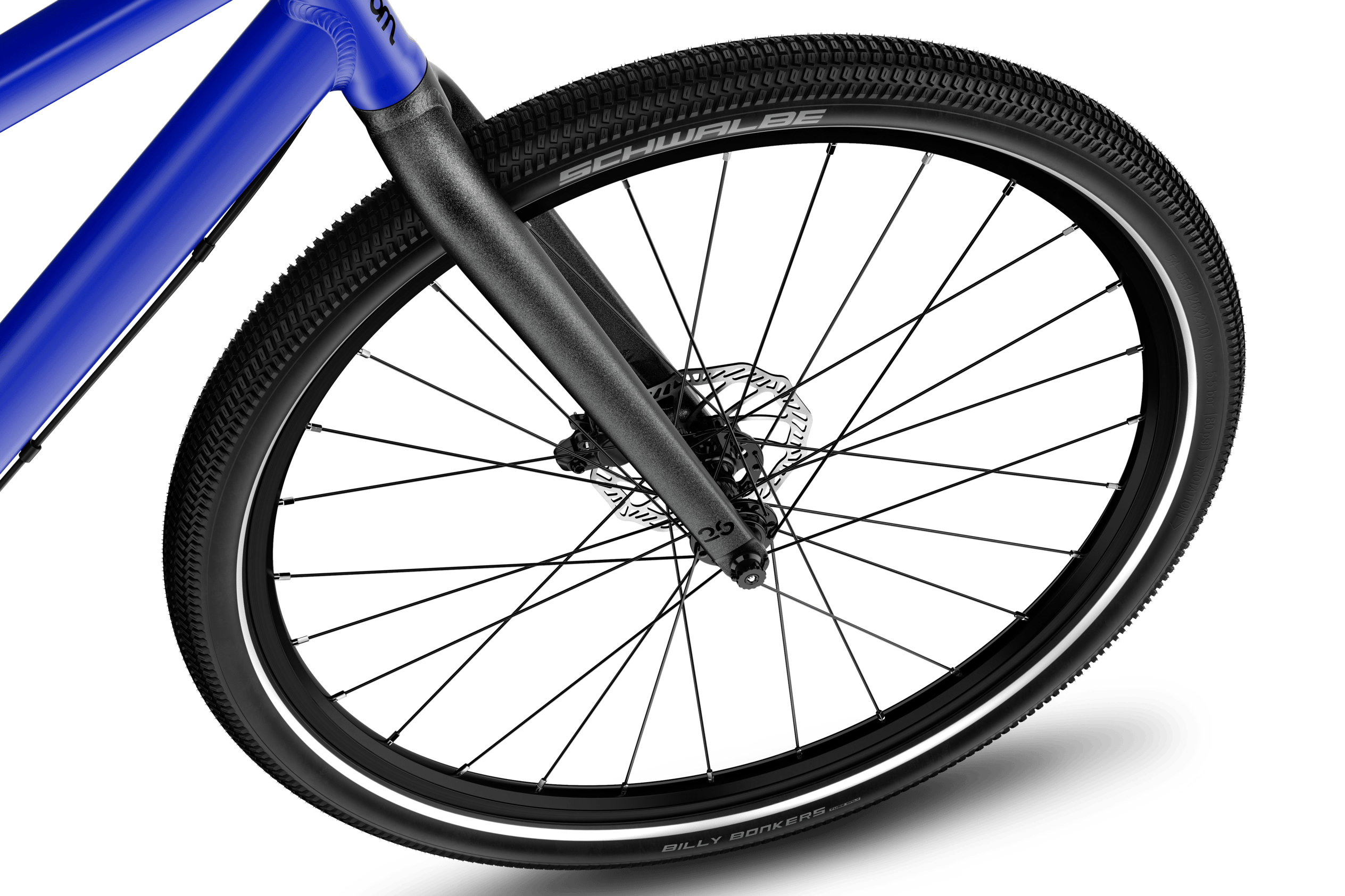 Detailansicht des 26-Zoll-Vorderrads am woom EXPLORE 6 Kinderfahrrad.