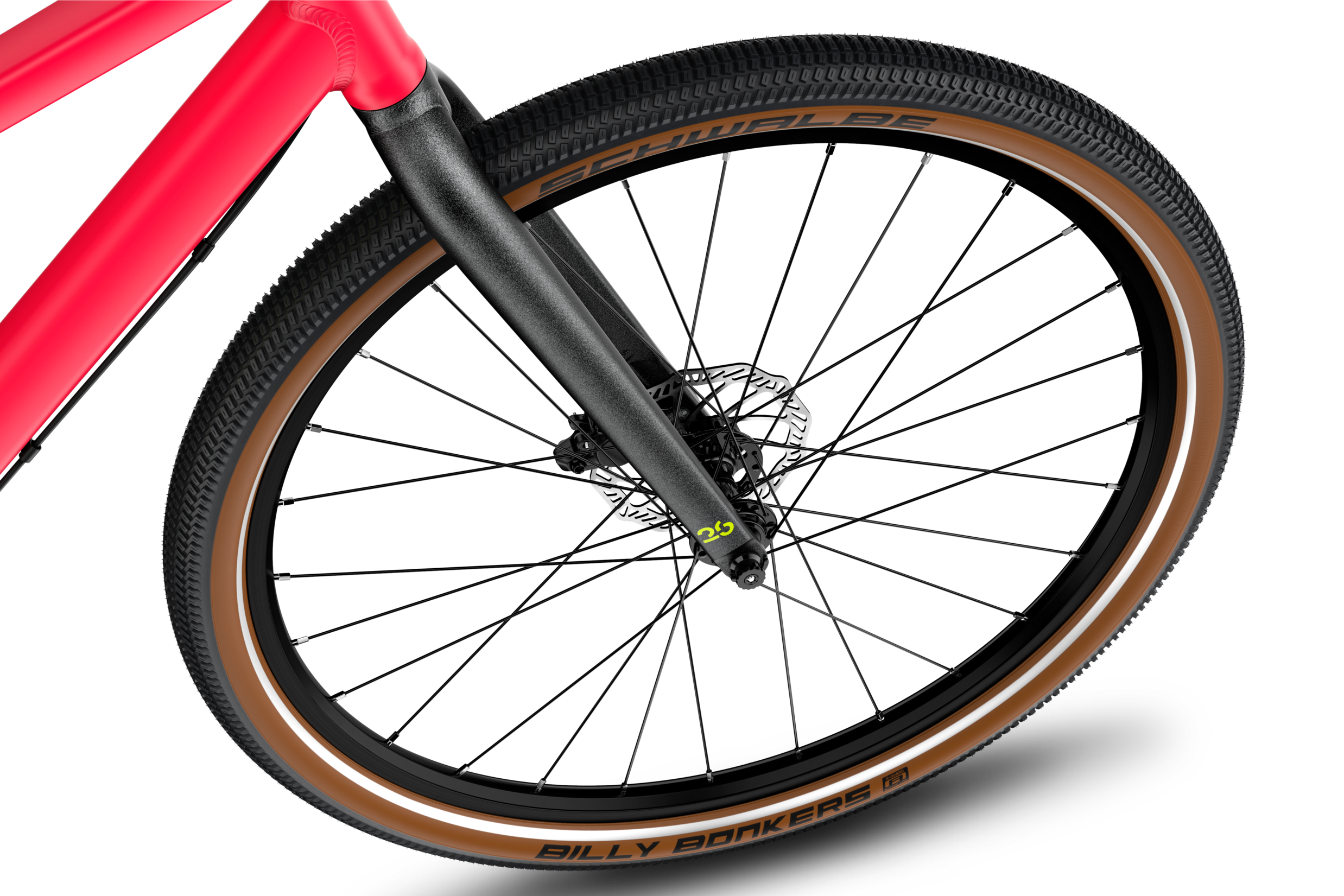 Detailansicht des 26-Zoll-Vorderrads am woom EXPLORE 6 Kinderfahrrad.