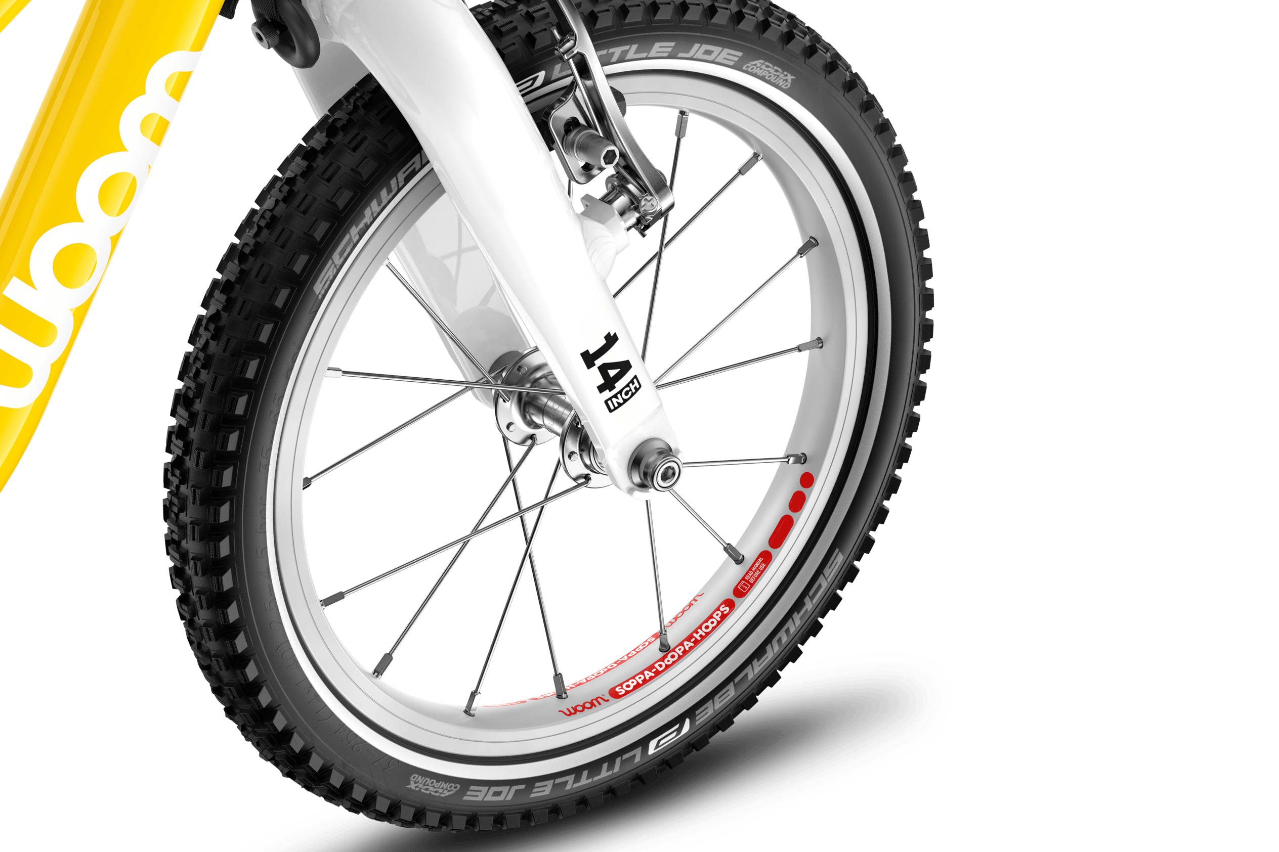 Detailansicht des vorderen Laufrads in 14 Zoll am Kinderfahrrad woom GO 2