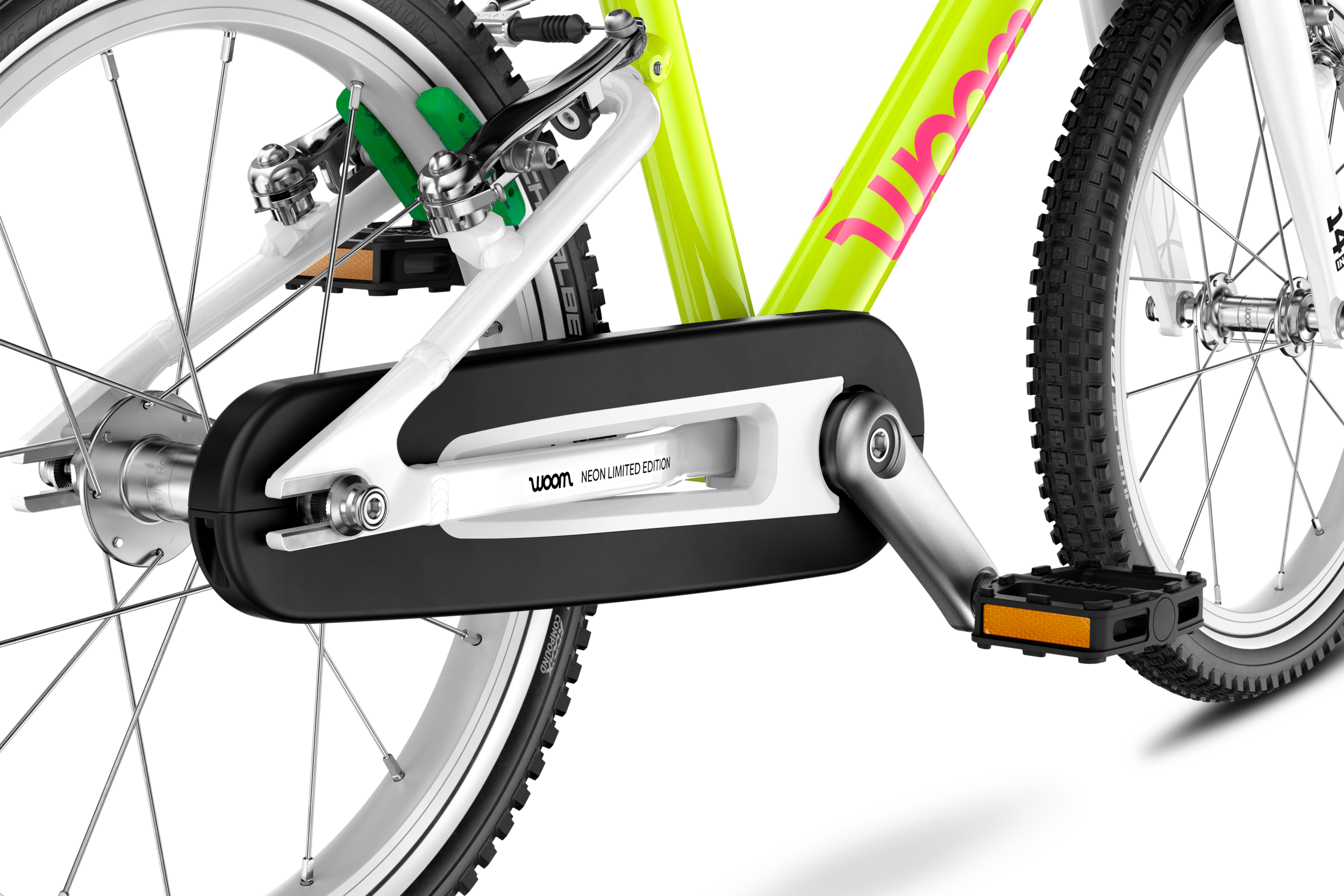 Detailansicht des geschlossenen Kettenkastens am Kinderfahrrad woom GO 2