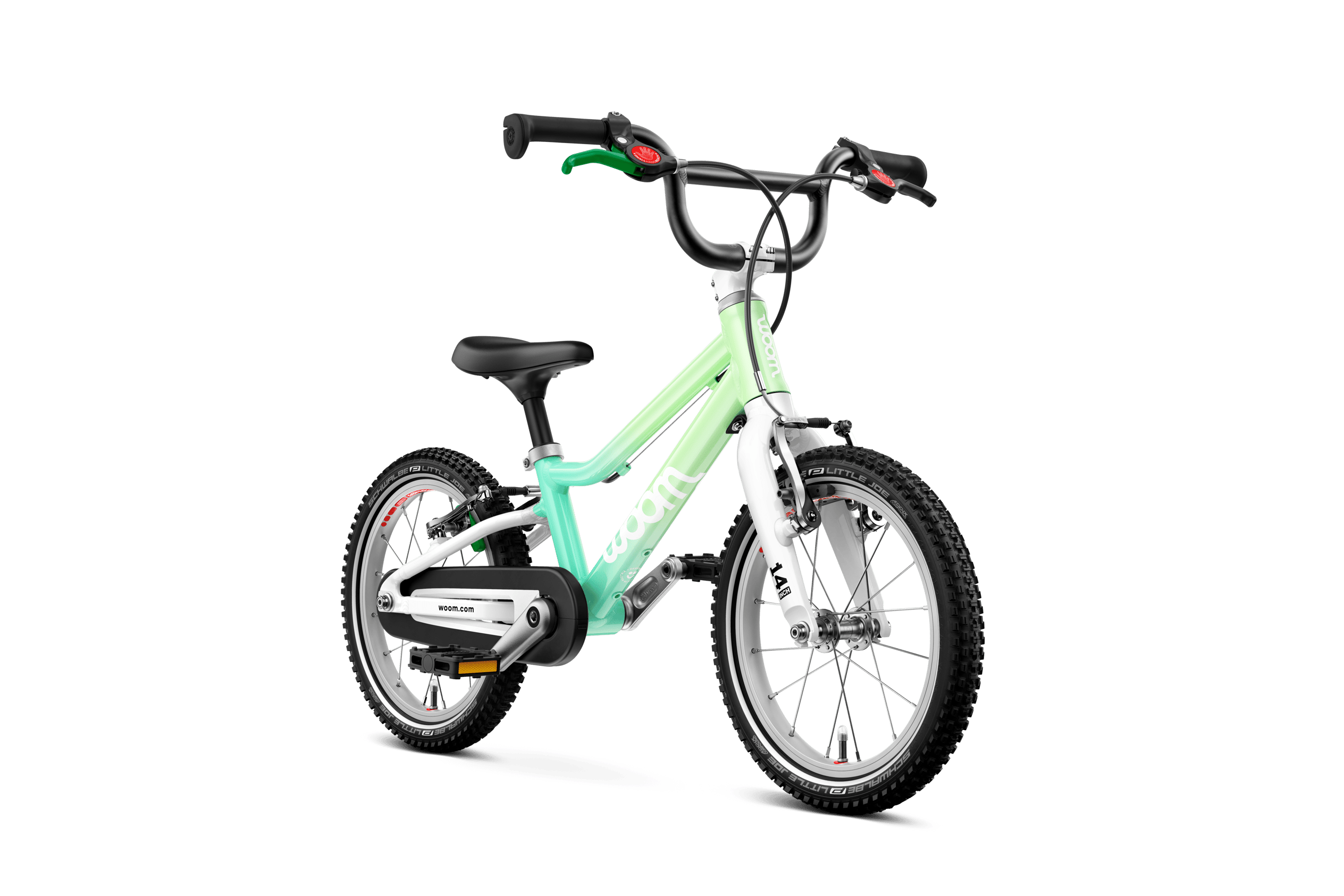Sidovy framifrån av barncykeln woom GO 2 för barn från tre år