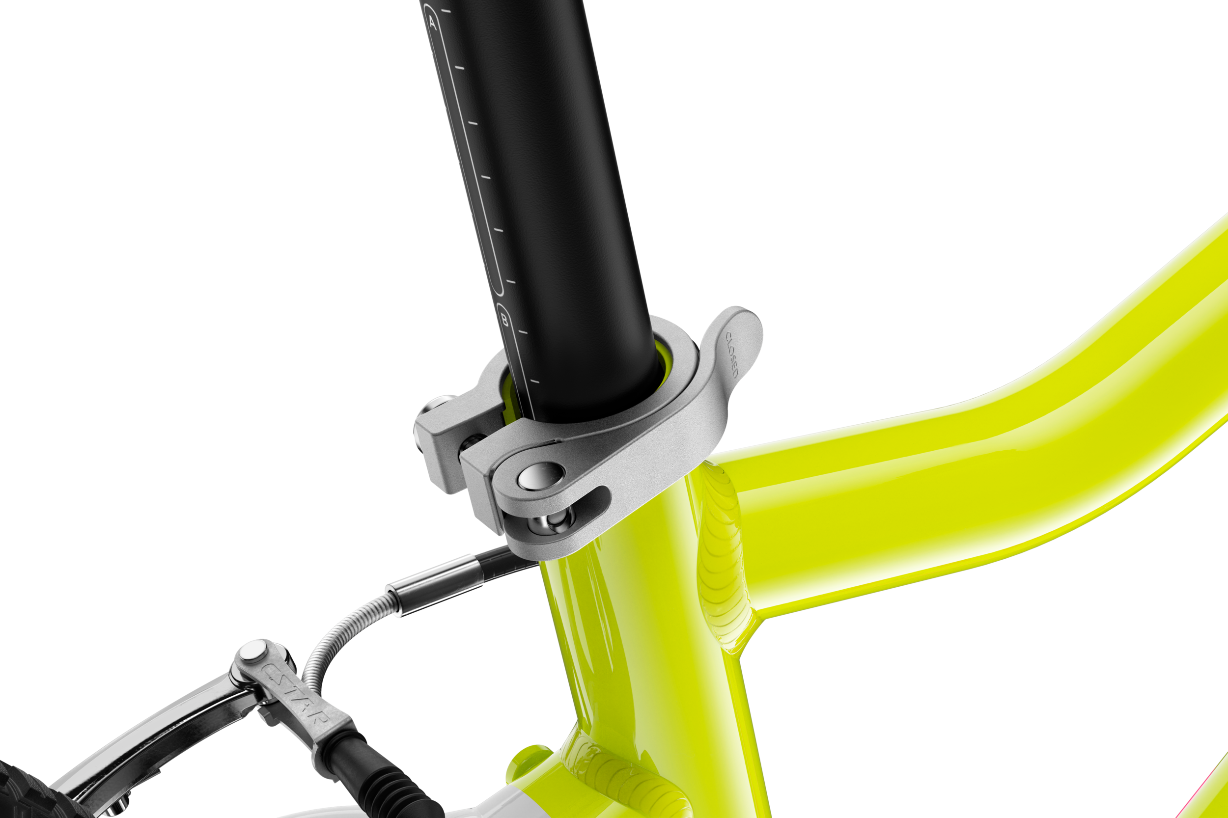 Silberne Sattelklemme mit silbernem Schnellspannhebel am Kinderfahrrad woom GO 3