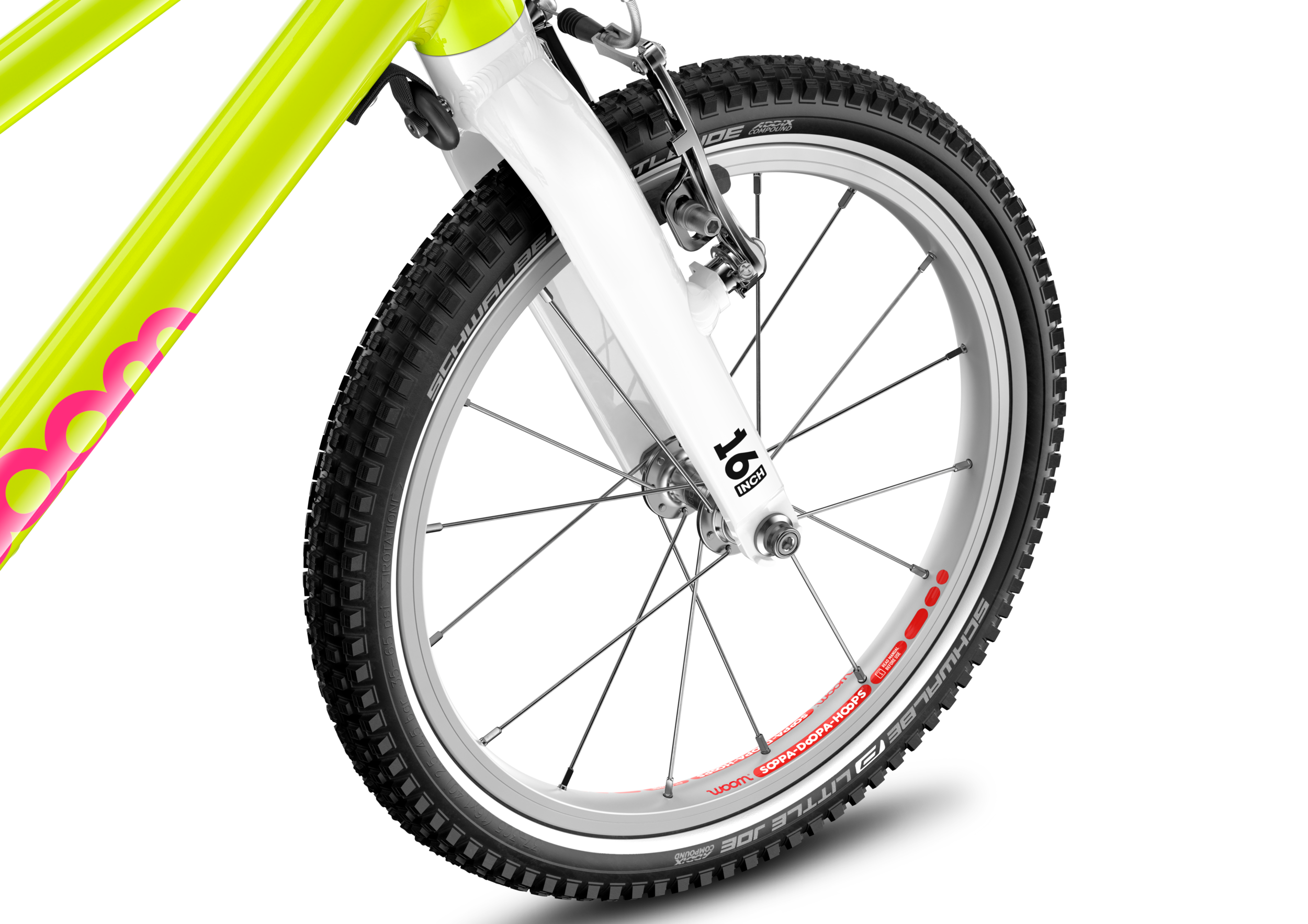 Detailansicht des vorderen Laufrads in 16 Zoll am Kinderfahrrad woom GO 3 AUTOMAGIC