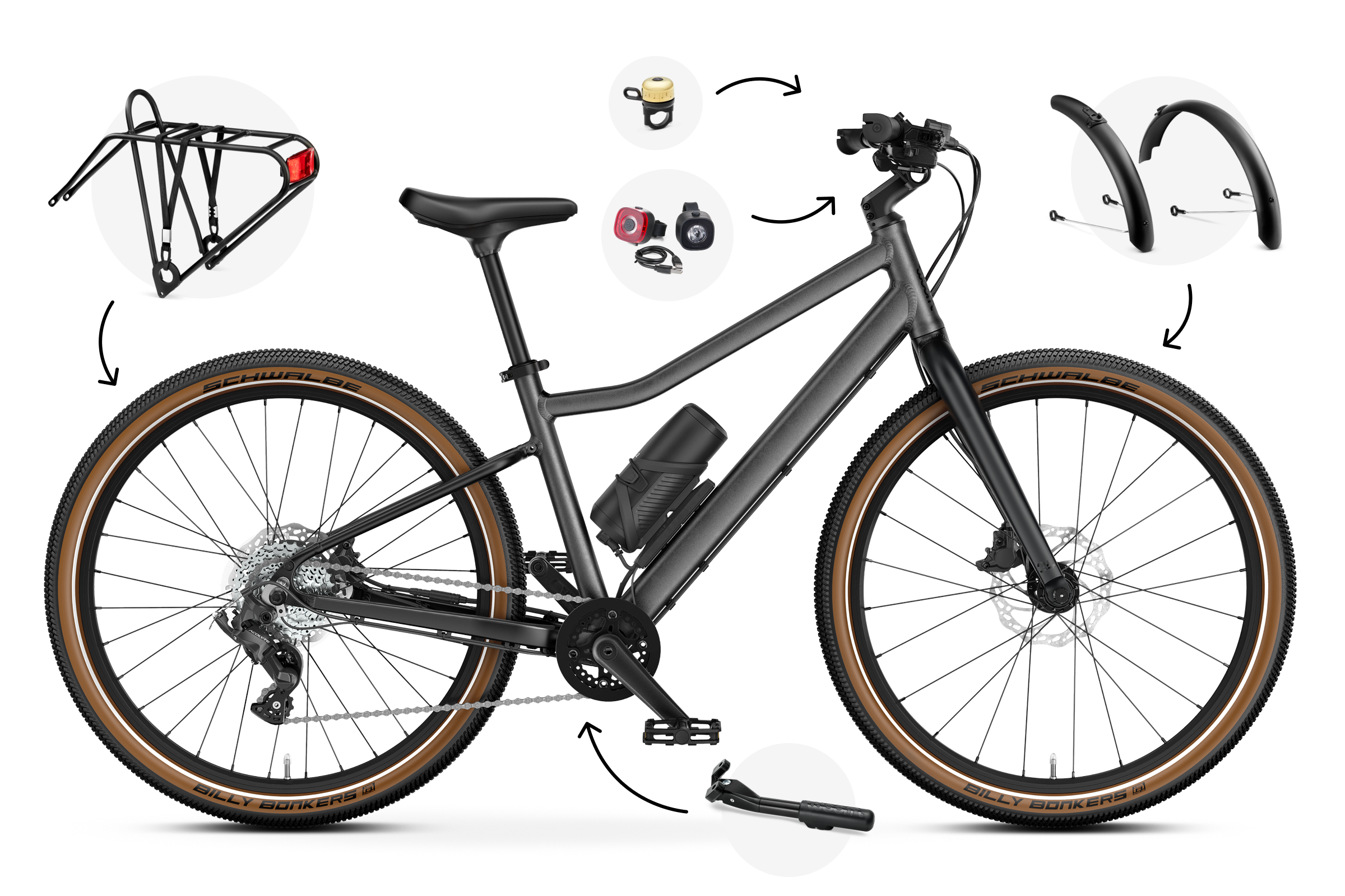 Vue de trois quarts du vélo électrique woom EXPLORE e 5 pour les enfants à partir de sept ans.