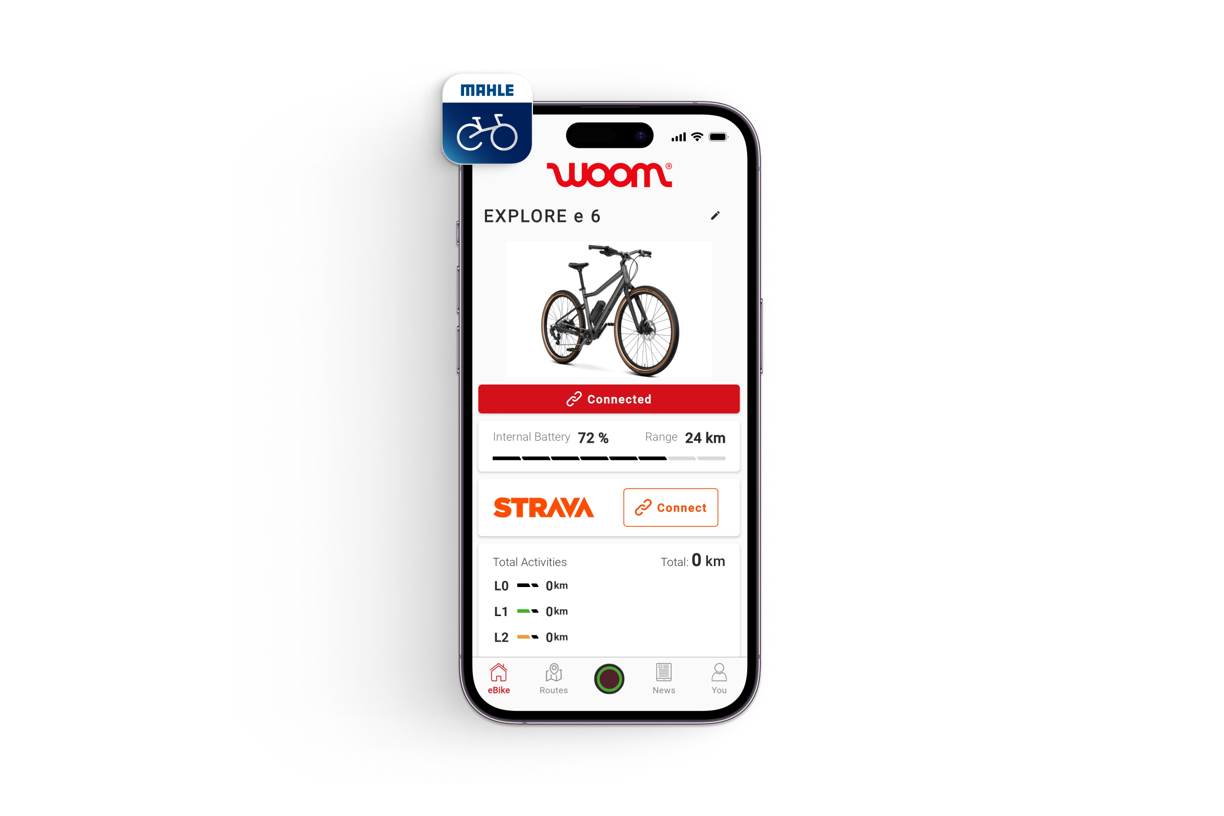 Älypuhelin, jossa näkyy MAHLE SmartBike -sovellus, joka on yhdistetty woom EXPLORE e 6 -sähköpyörän kanssa.