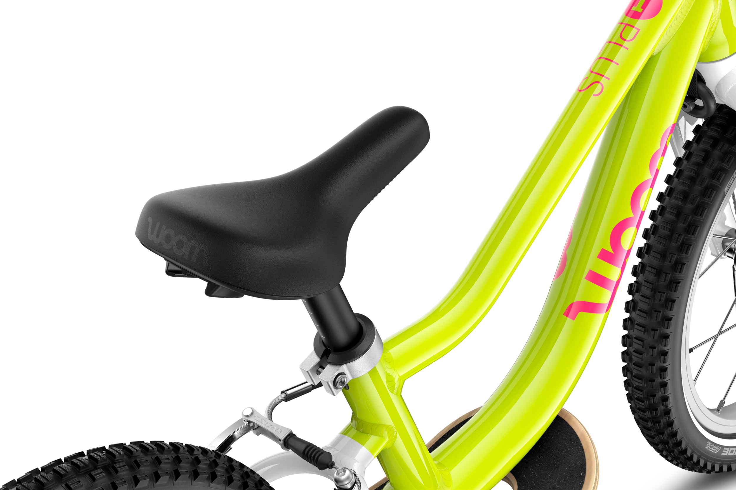 Detailaanzicht van het gebogen zadel van de woom GO 1 PLUS-loopfiets