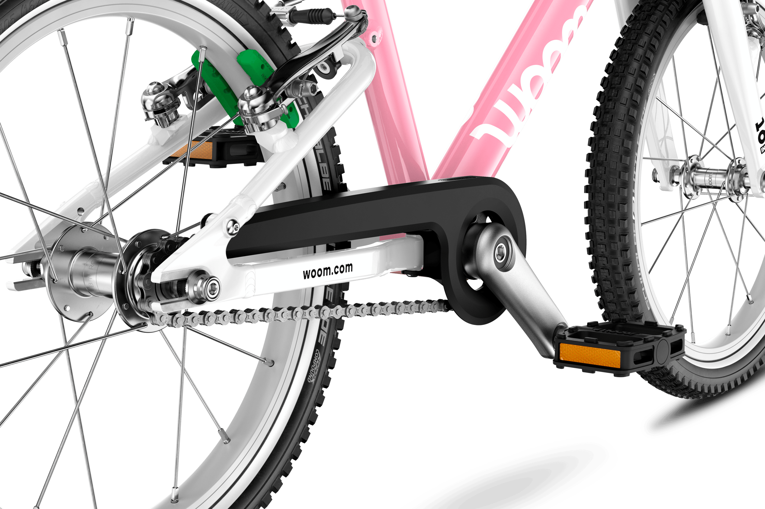 Detailansicht des einflügeligen Kettenschutzes am Kinderfahrrad woom GO 3 AUTOMAGIC