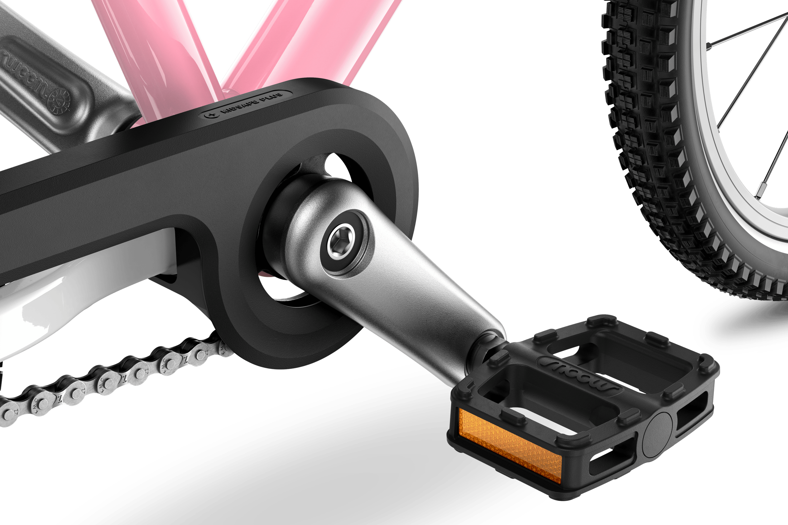 Detailansicht von Kurbel, Pedalen und Kettenschutz am Kinderfahrrad woom GO 3 AUTOMAGIC