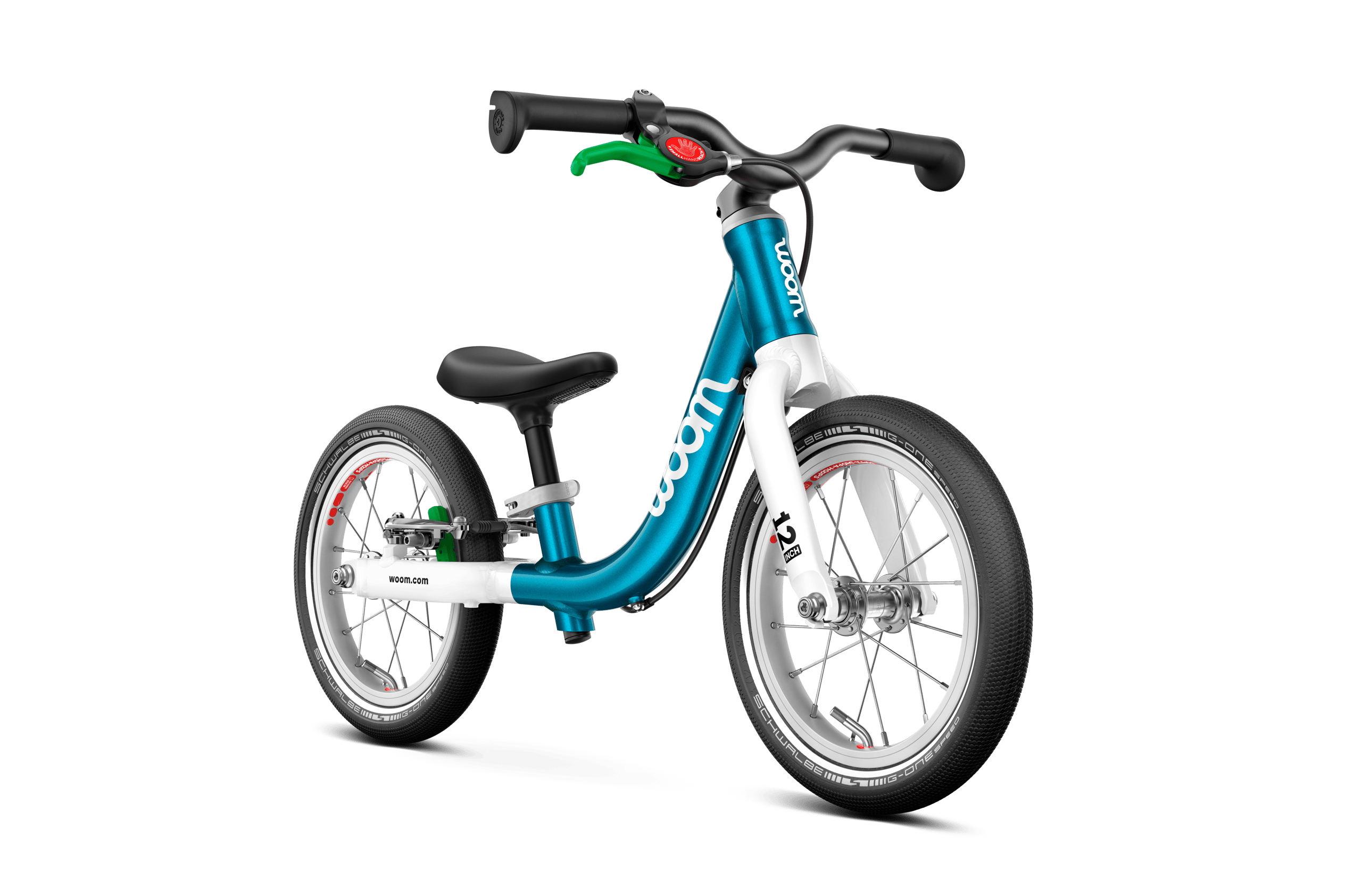 Side front view of the woom GO 1 balance bike for children aged 18 months and up