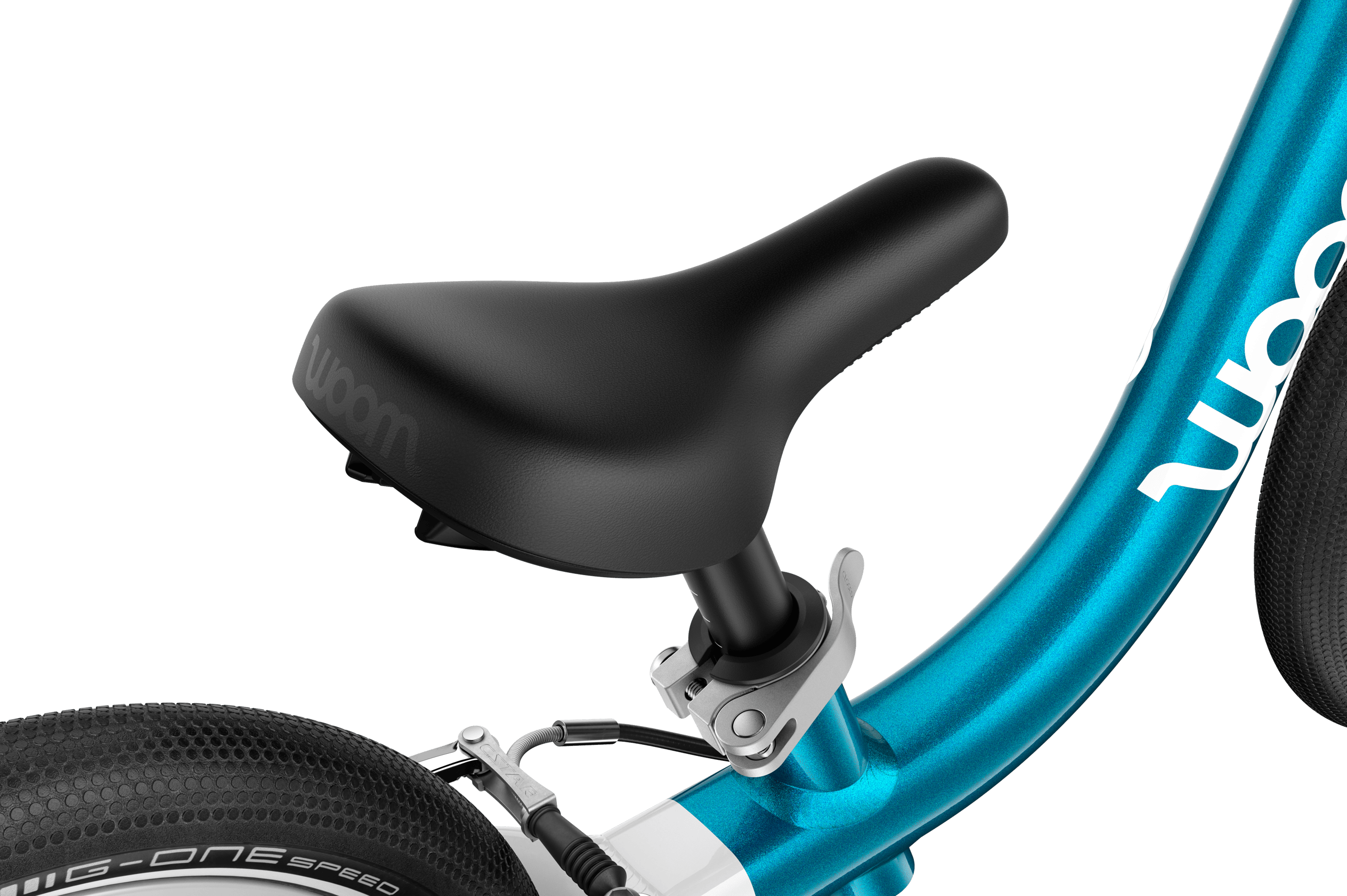 Detailed view of the banana-shaped saddle on the woom GO 1 balance bike