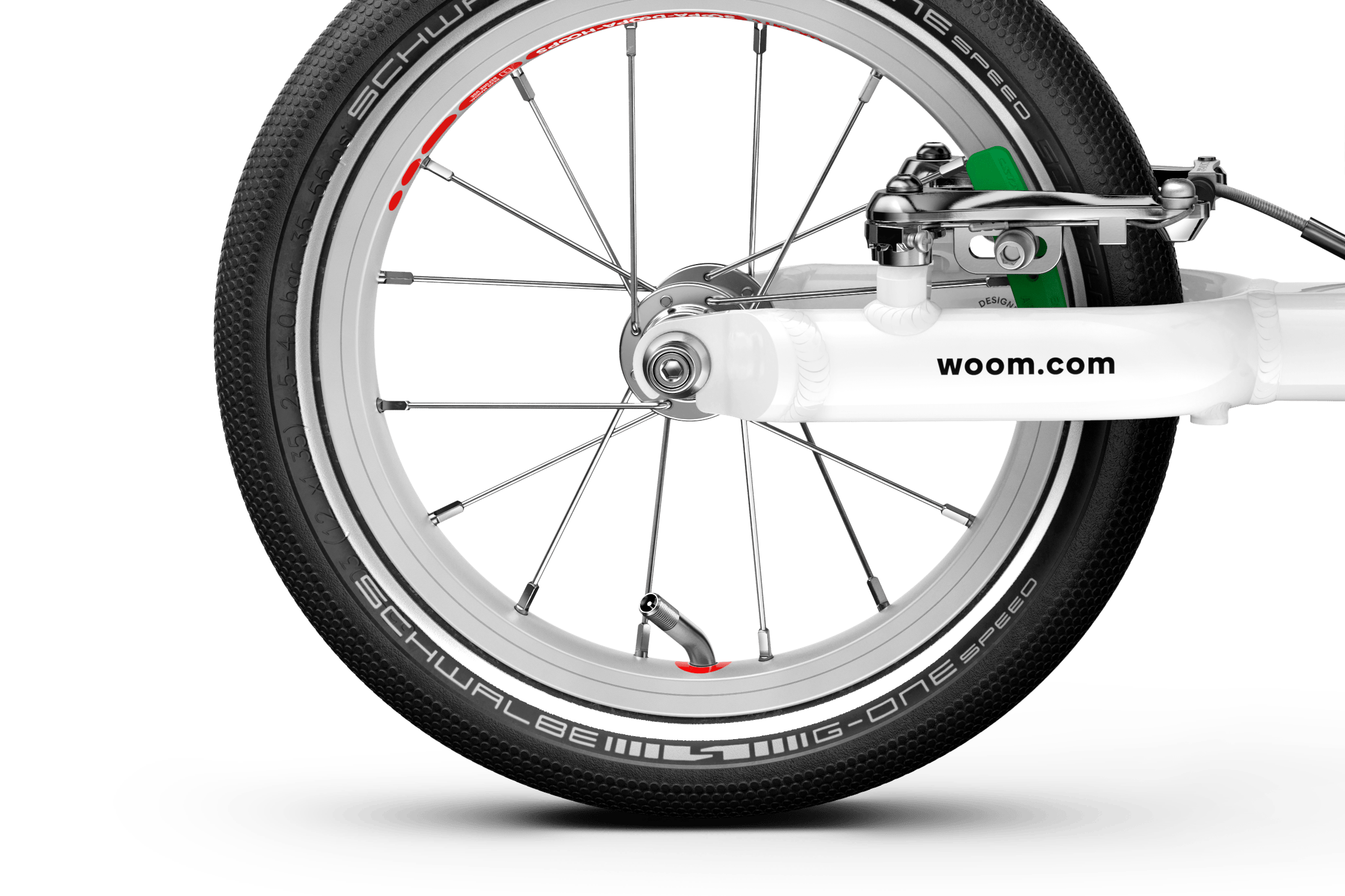 Rear 12″ wheel with extra narrow hub on the woom GO 1 balance bike