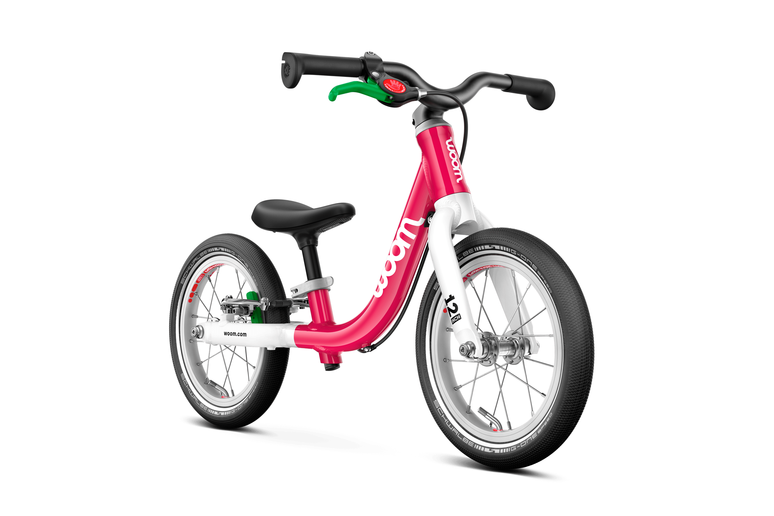 Side front view of the woom GO 1 balance bike for children aged 18 months and up