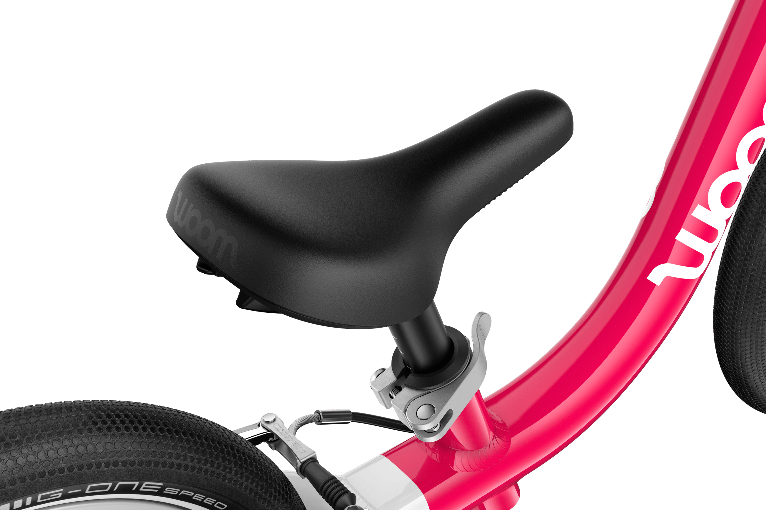 Detailed view of the banana-shaped saddle on the woom GO 1 balance bike