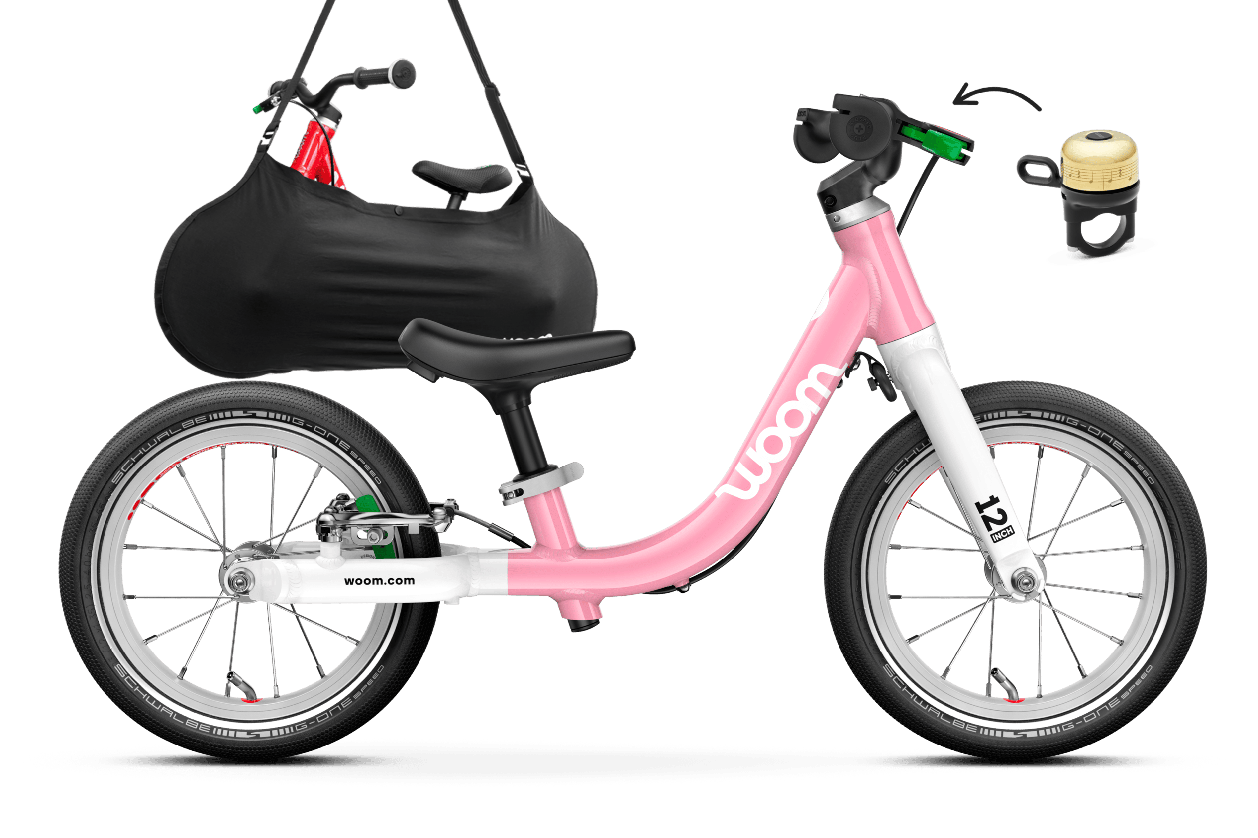 Profile view of the woom GO 1 balance bike for children aged 18 months and up