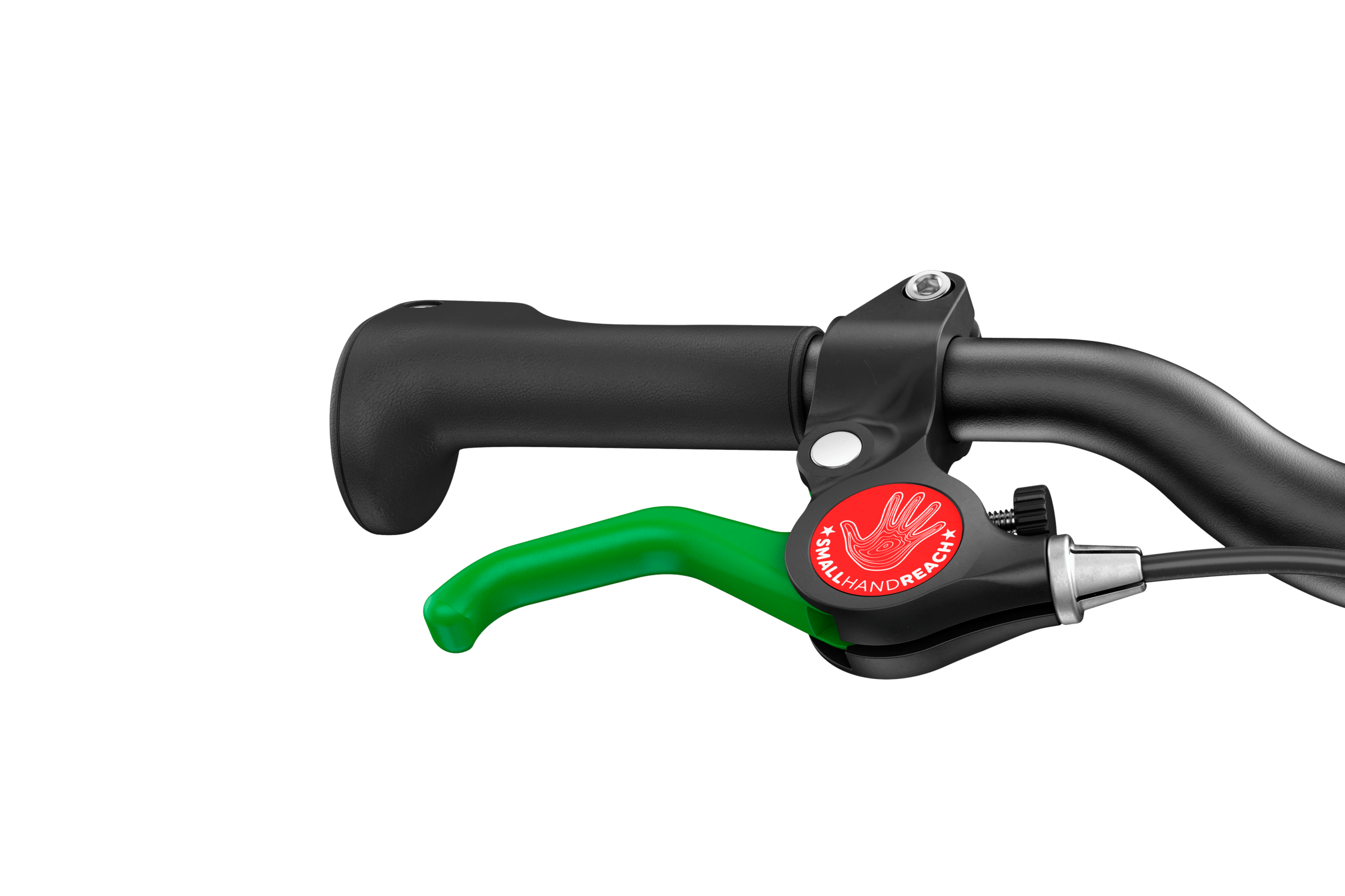 Detailed view of the green brake lever on the woom GO 1 balance bike with 12″ wheels