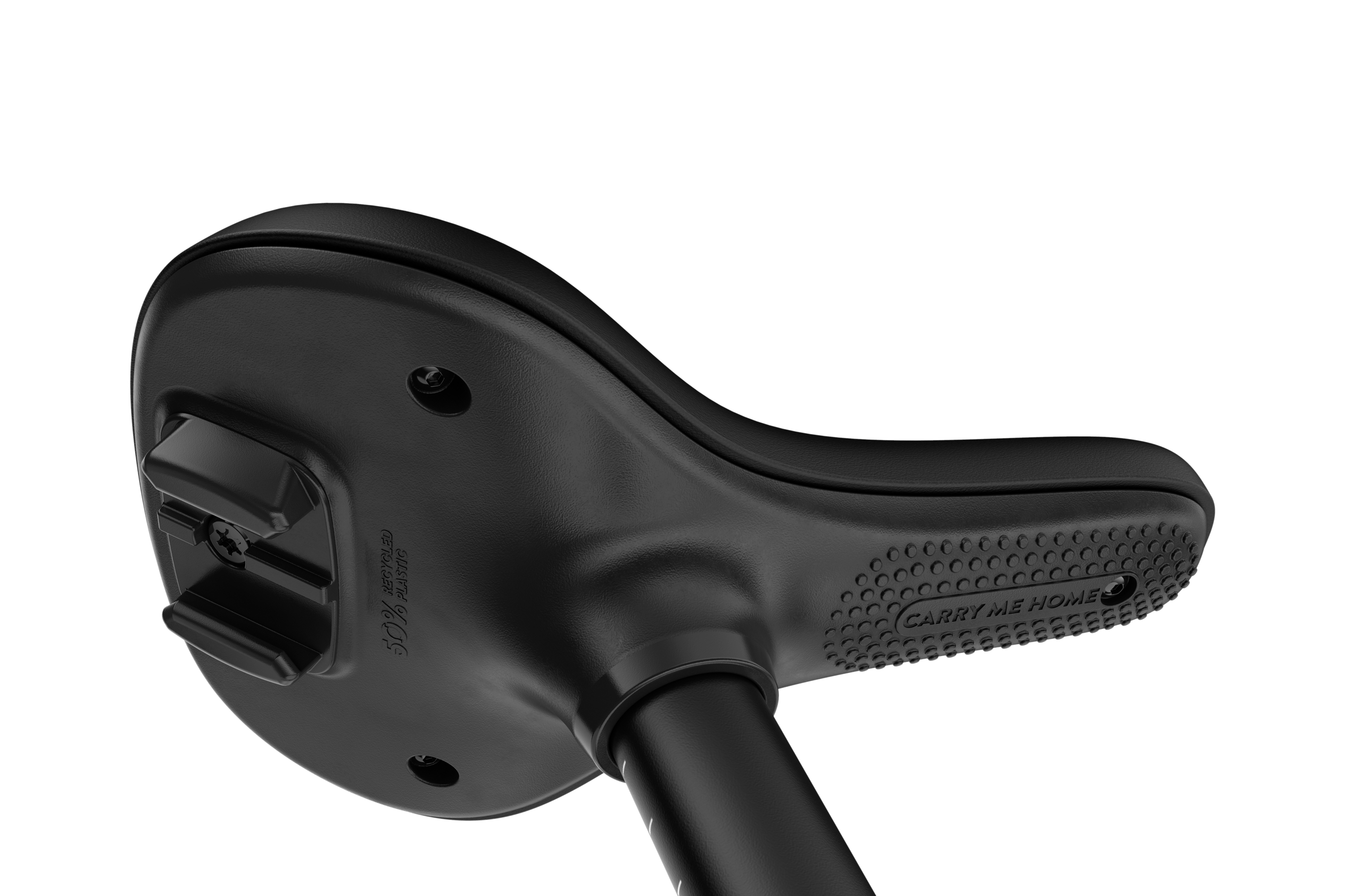 Detailed view of the textured underside of the saddle that makes it nice and easy to carry the woom GO 1 balance bike