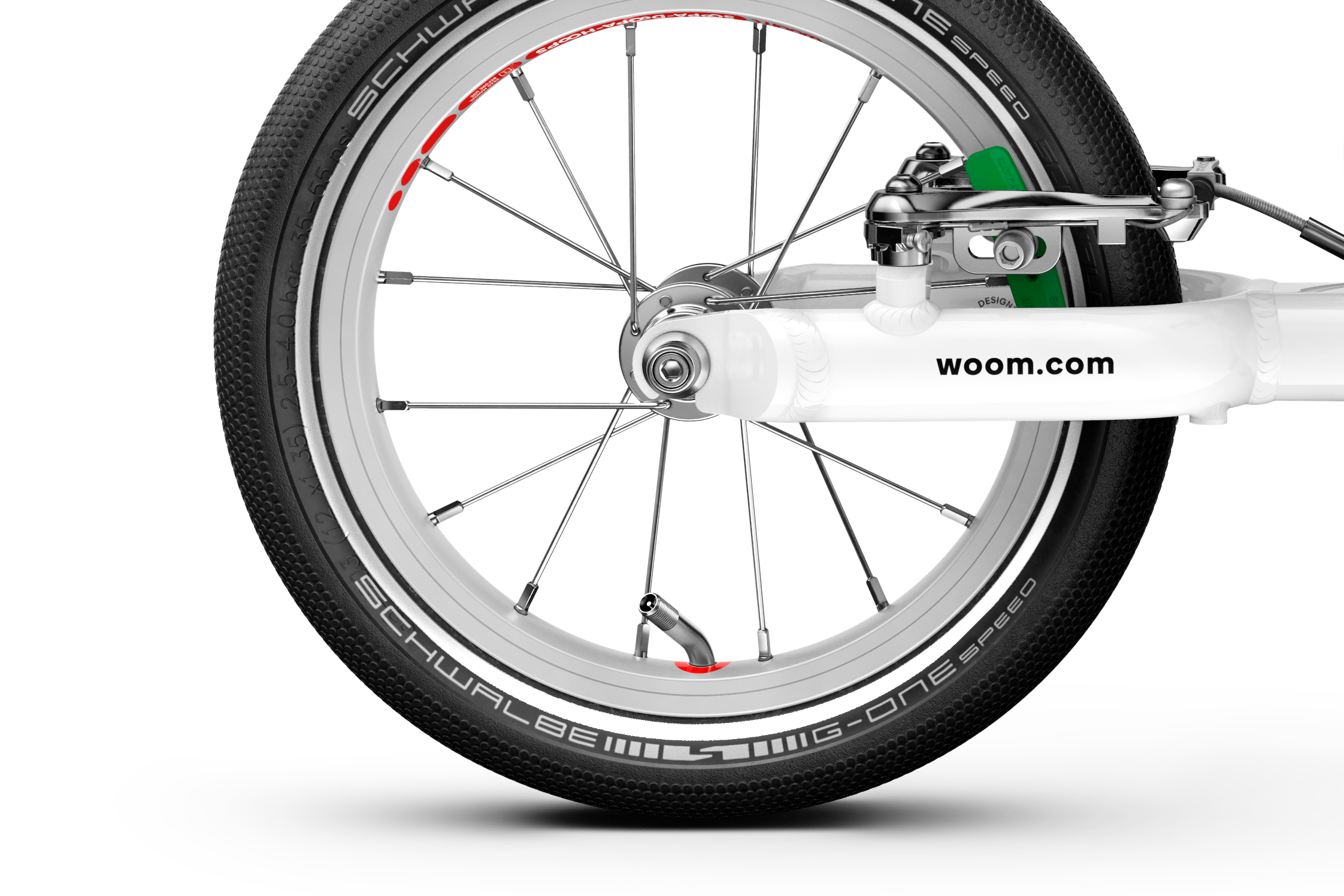 Rear 12″ wheel with extra narrow hub on the woom GO 1 balance bike