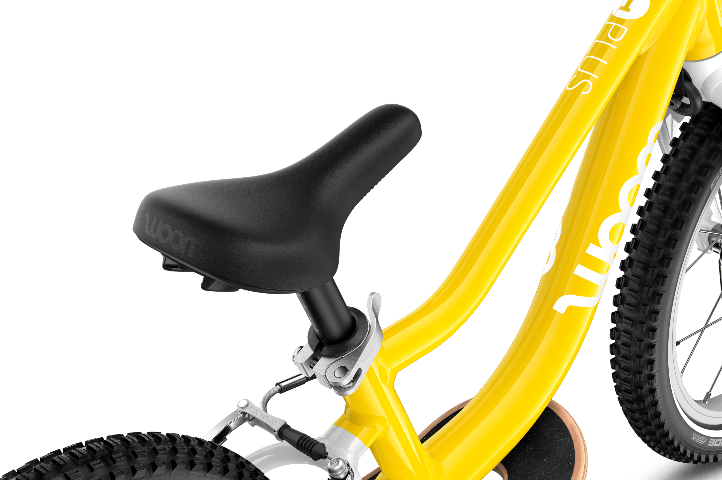 Detailed view of the banana-shaped saddle on the woom GO 1 PLUS balance bike