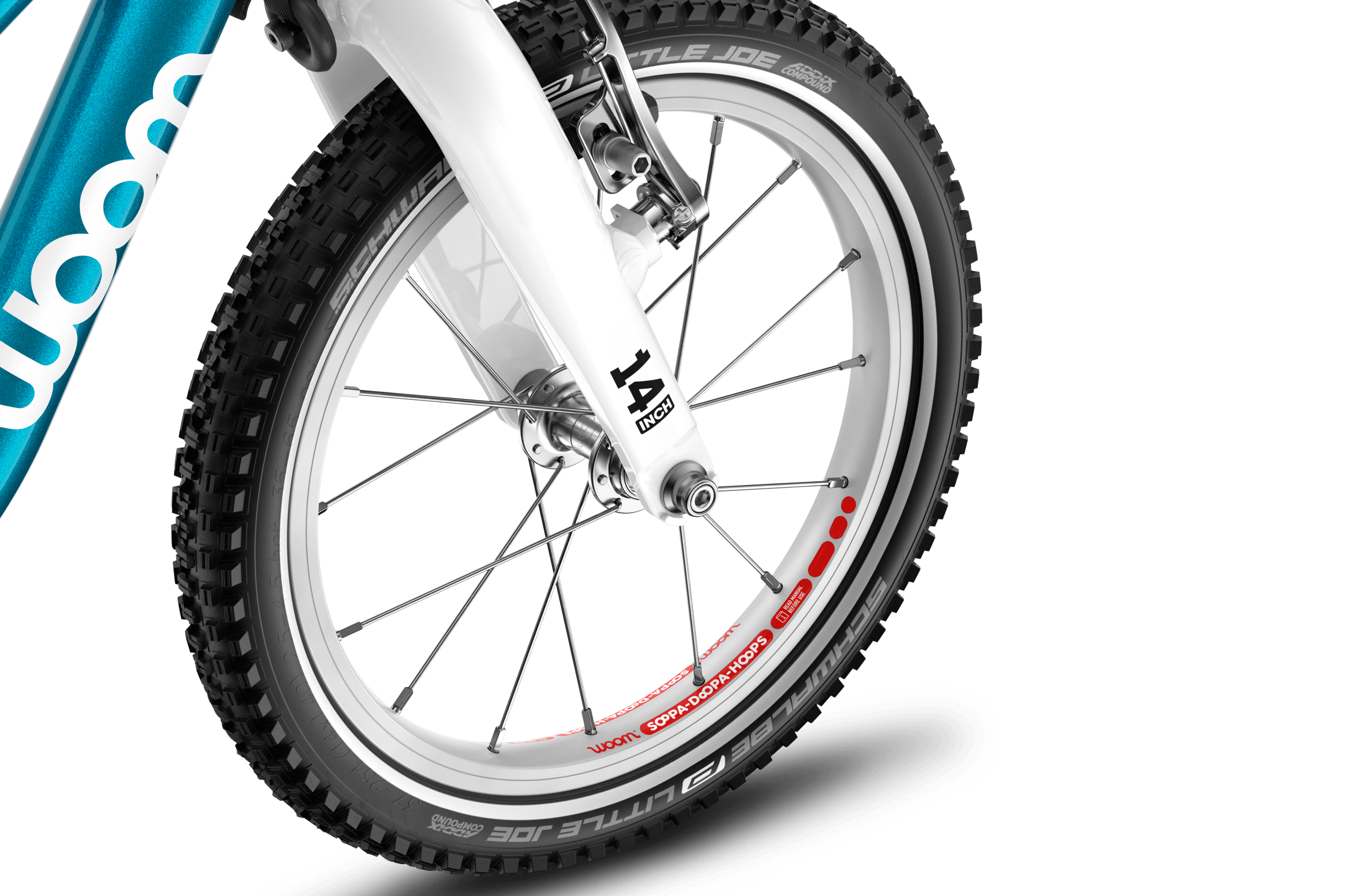 Detailed view of the front 14″ wheel on the woom GO 2 children's bike