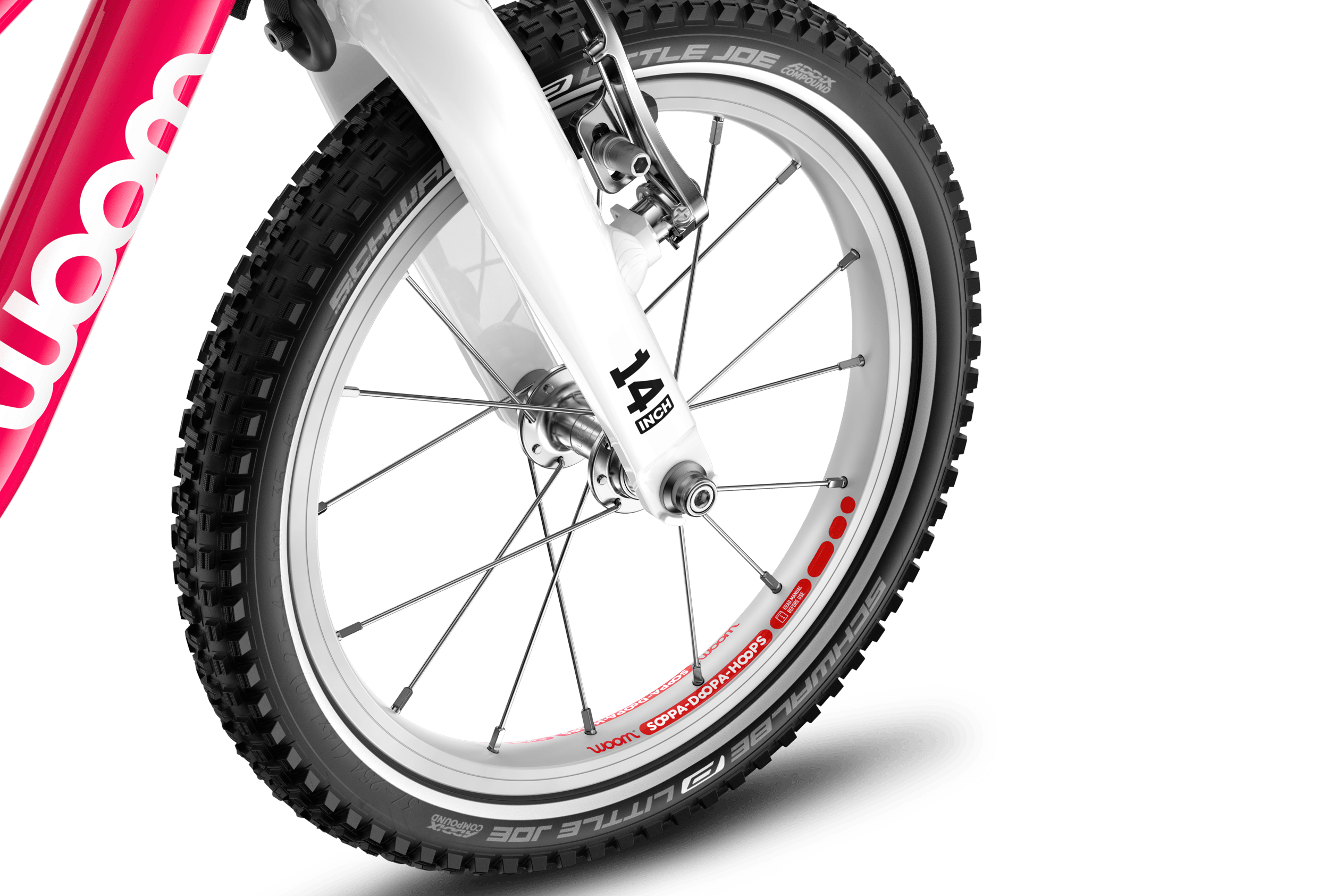 Detailed view of the front 14″ wheel on the woom GO 2 children's bike
