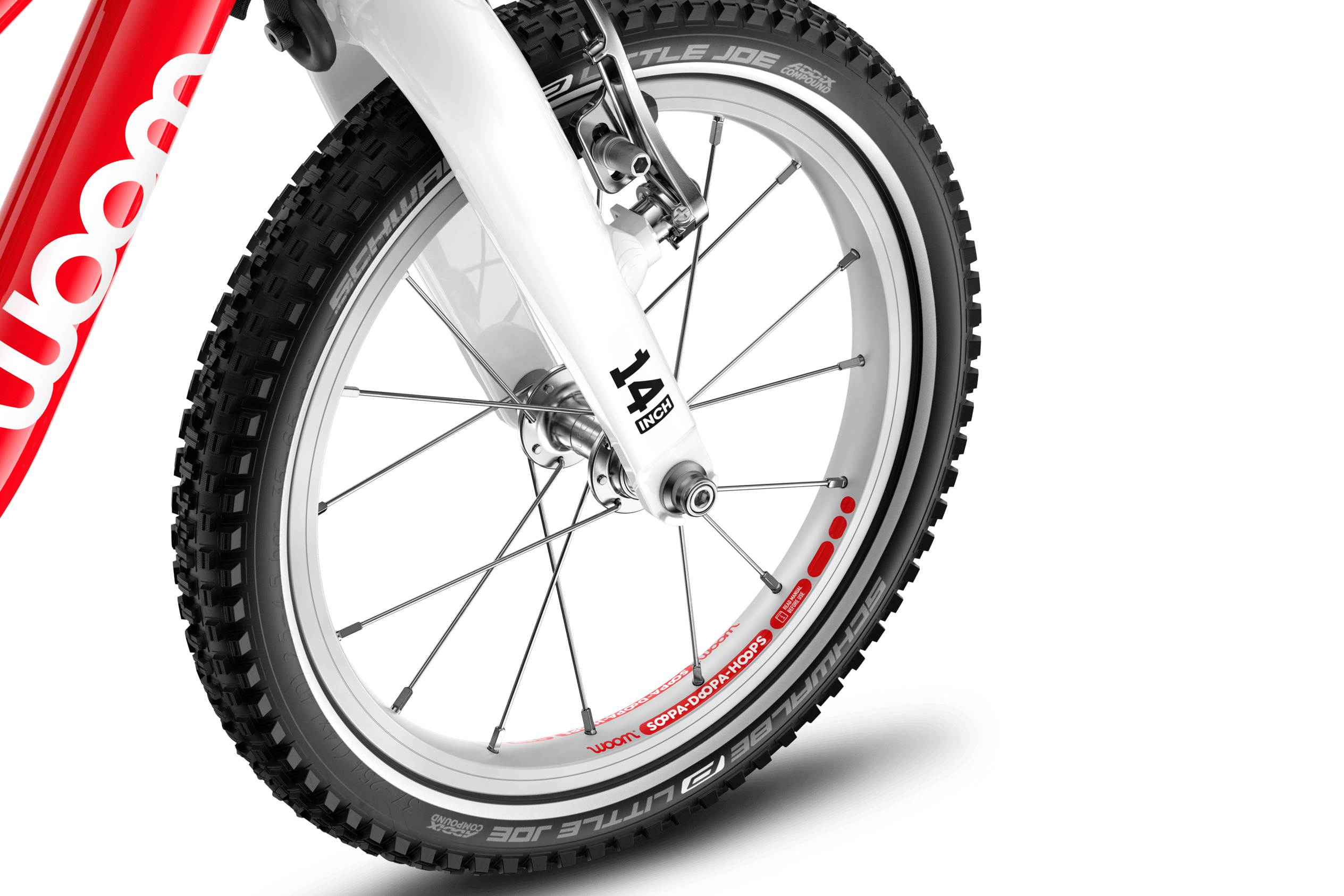 Detailed view of the front 14″ wheel on the woom GO 2 children's bike