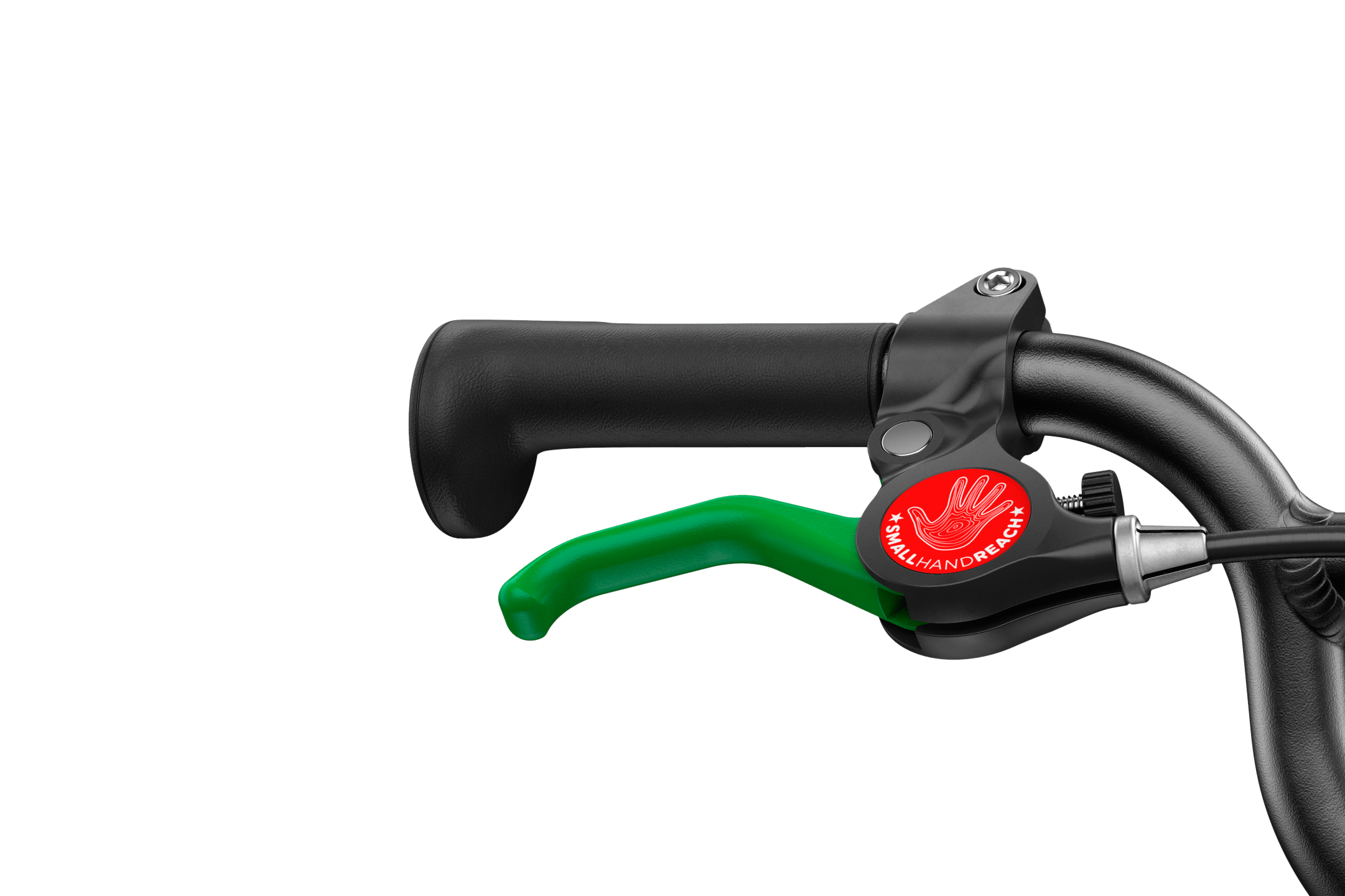 Detailed view of the green brake lever on the woom GO 2 children's bike with 14″ wheels