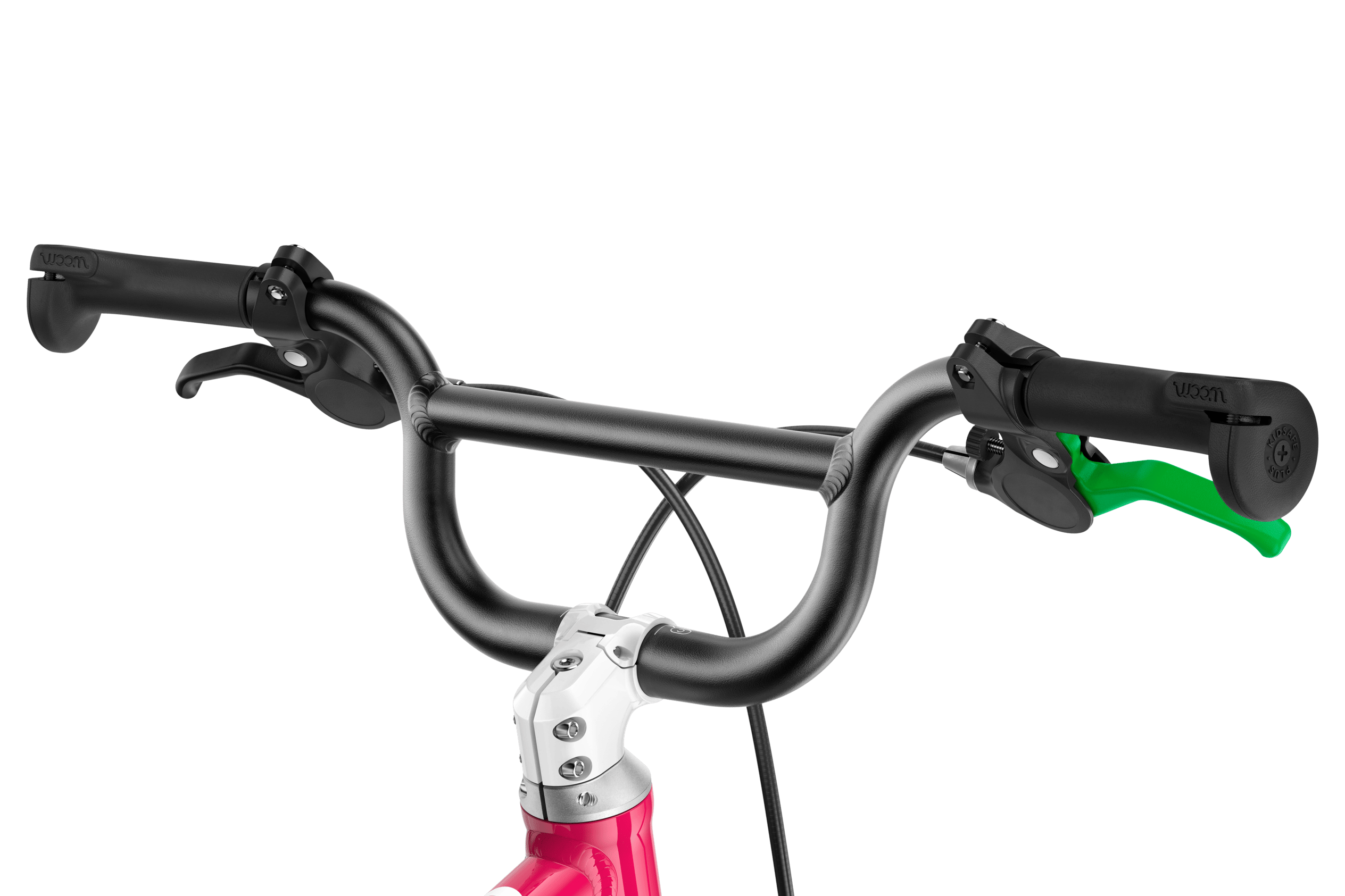 Detailed view of the stem, BMX handlebars and grips on the woom GO 3 AUTOMAGIC children's bike