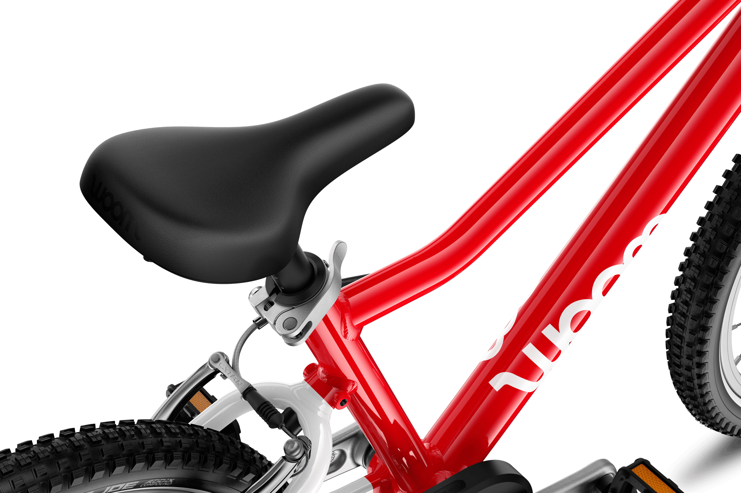 Detailed view of the saddle on the woom GO 3 AUTOMAGIC children's bike