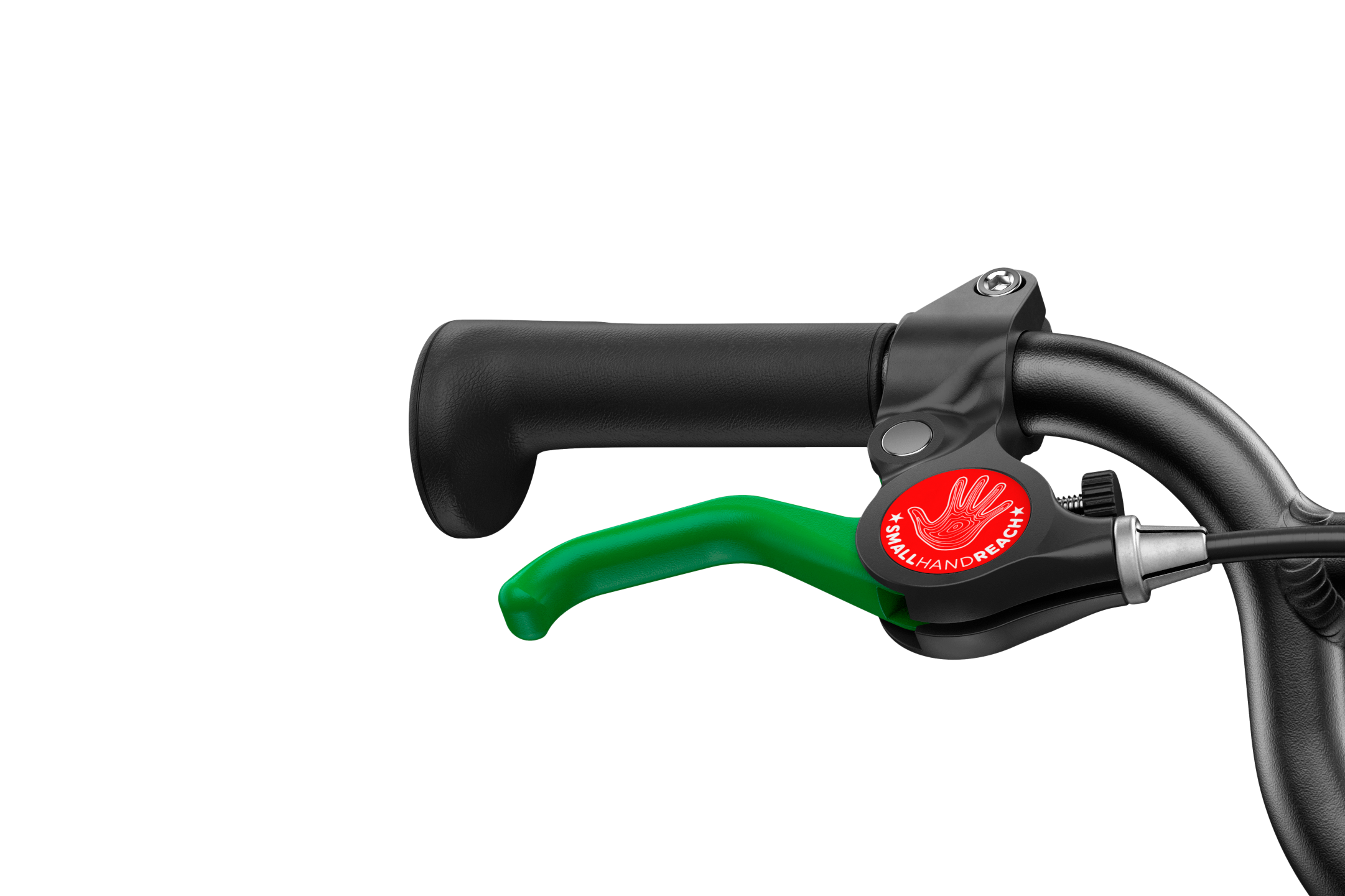 Detailed view of the green brake lever on the woom GO 3 AUTOMAGIC children's bike with 16″ wheels