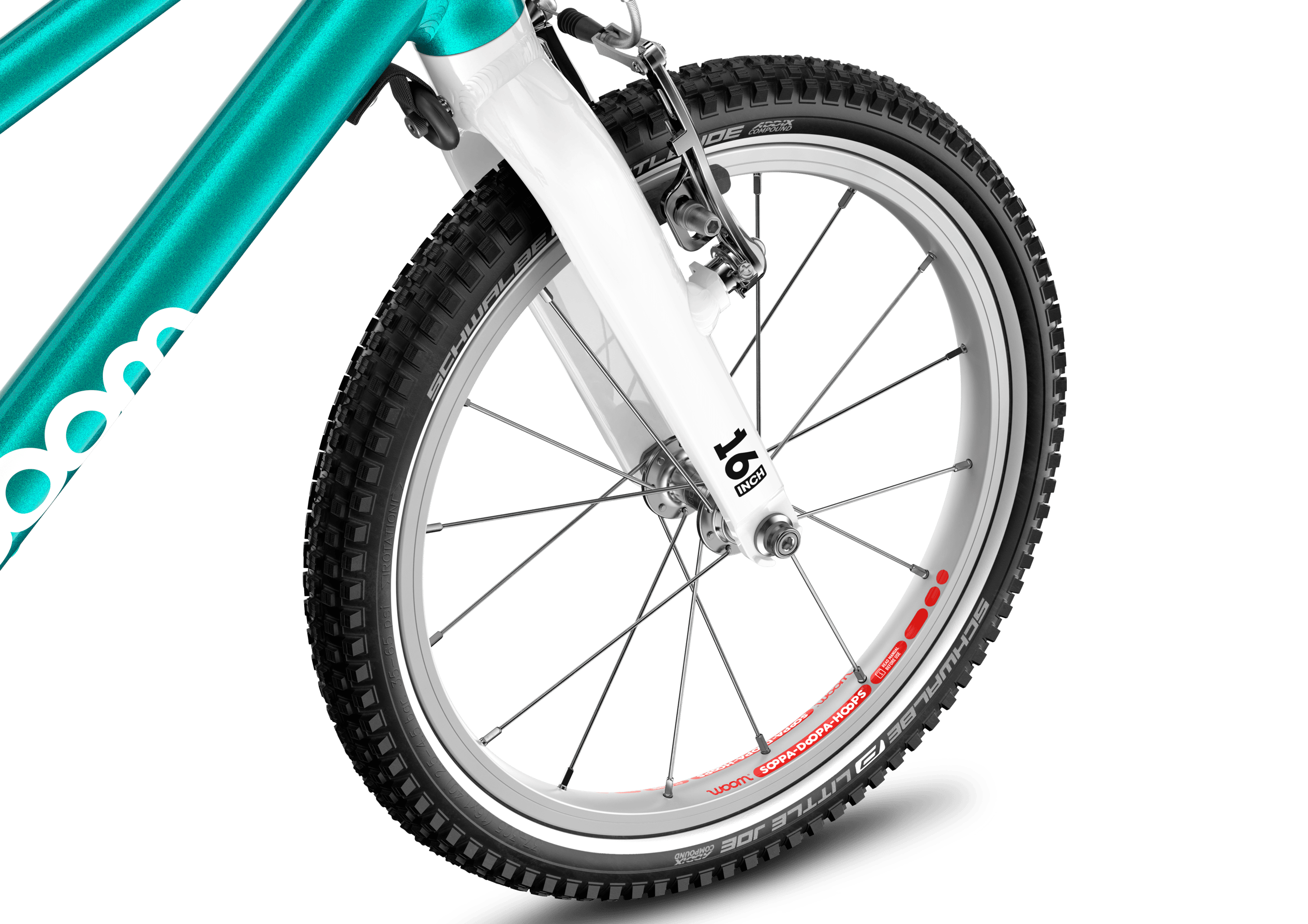 Detailed view of the front 16″ wheel on the woom GO 3 AUTOMAGIC children's bike