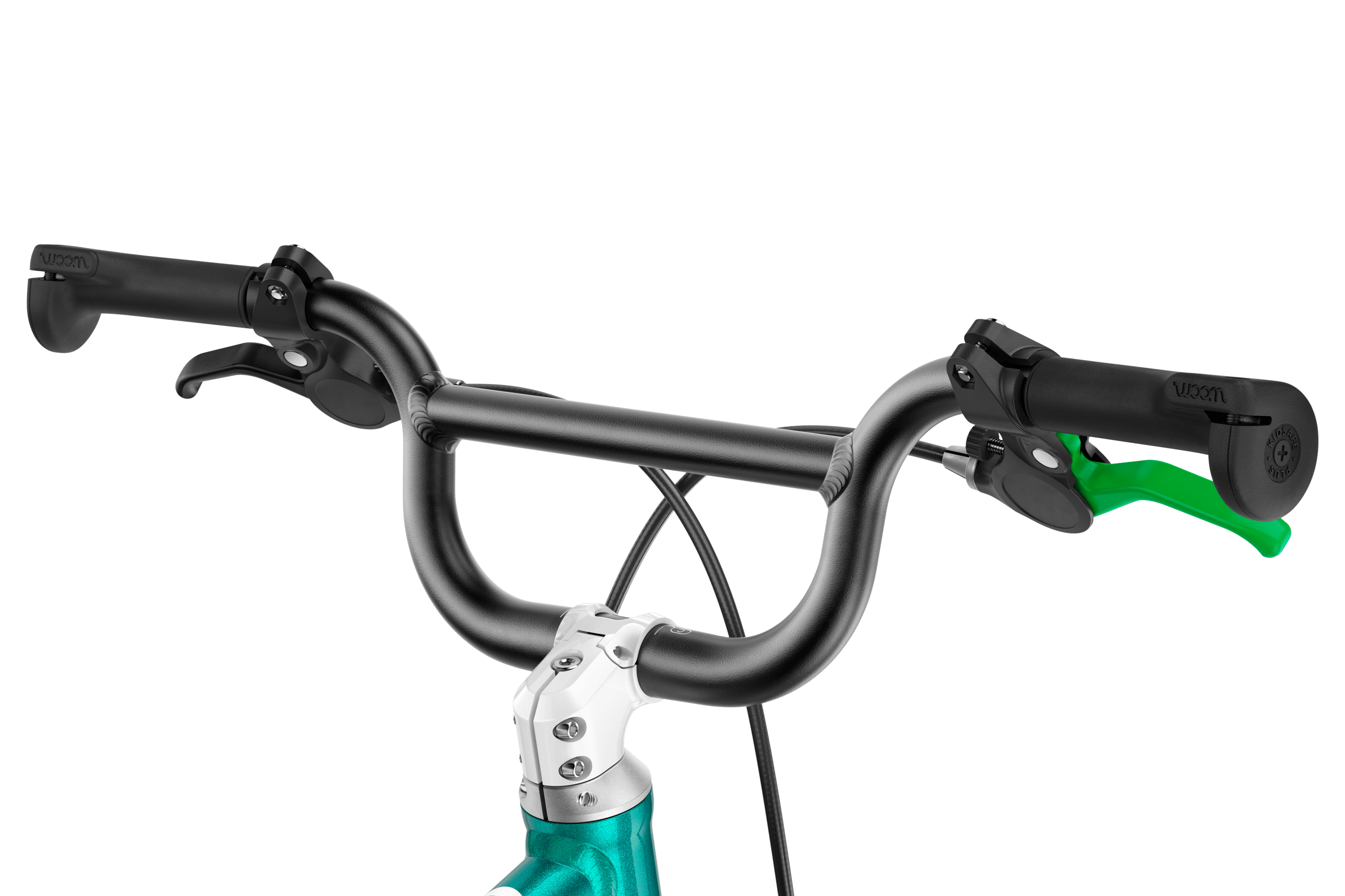 Detailed view of the stem, BMX handlebars and grips on the woom GO 3 AUTOMAGIC children's bike
