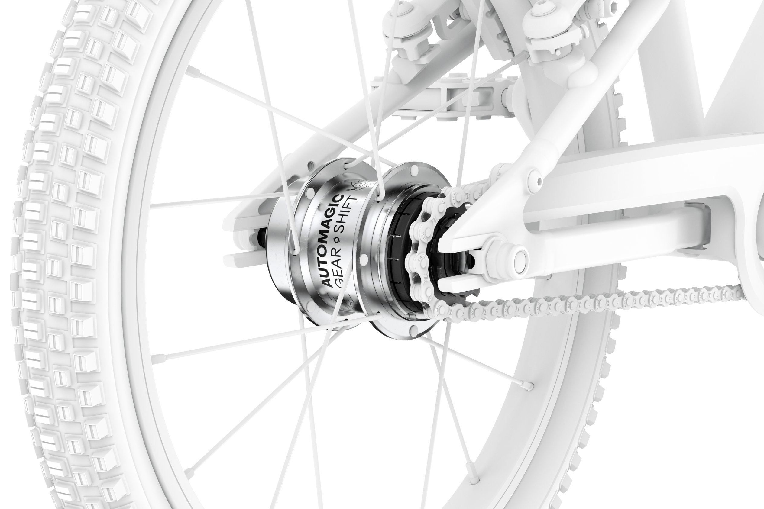 Detailed view of the hub gearing on a woom GO 3 AUTOMAGIC children's bike in white