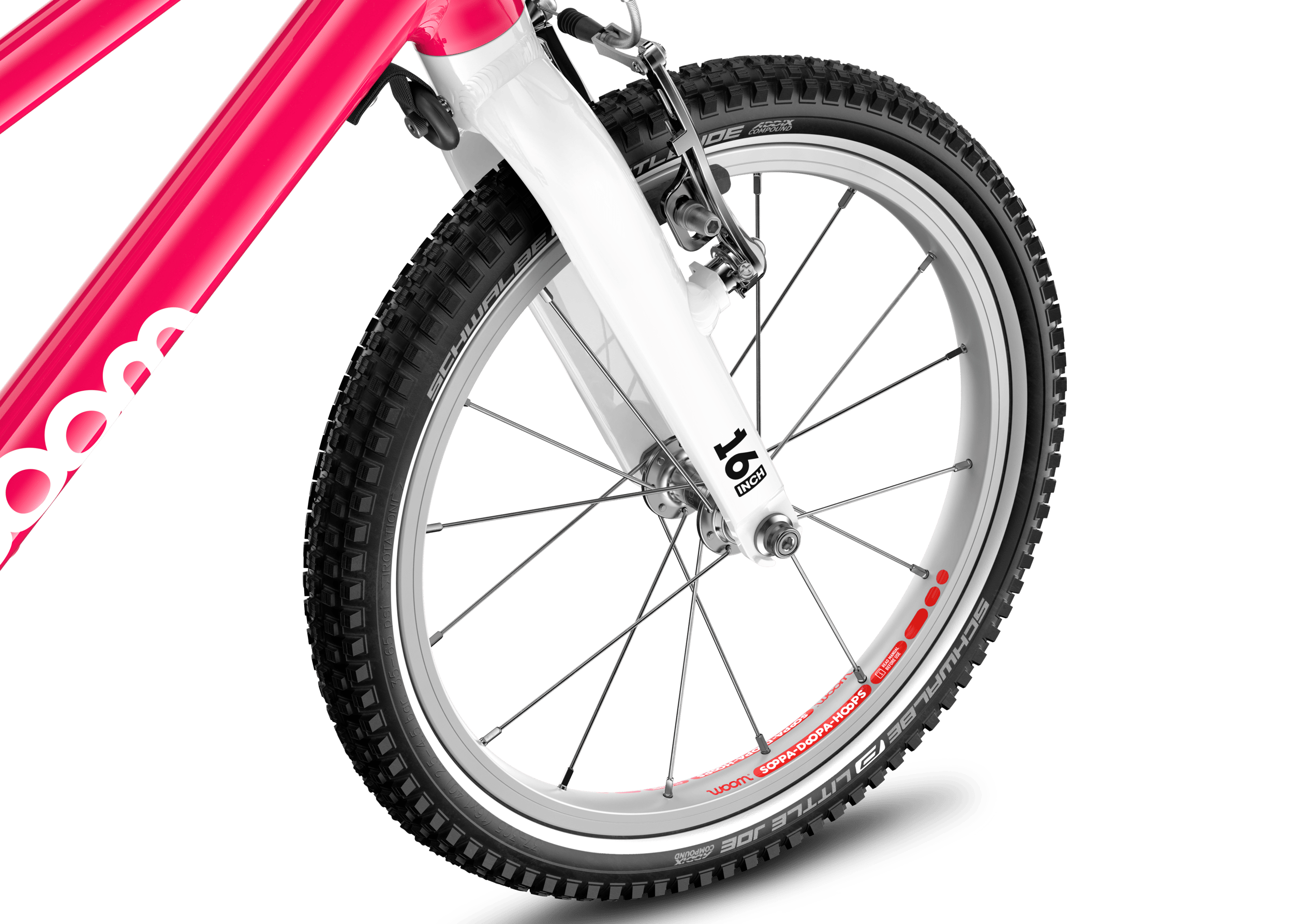 Detailed view of the front 16″ wheel on the woom GO 3 children's bike