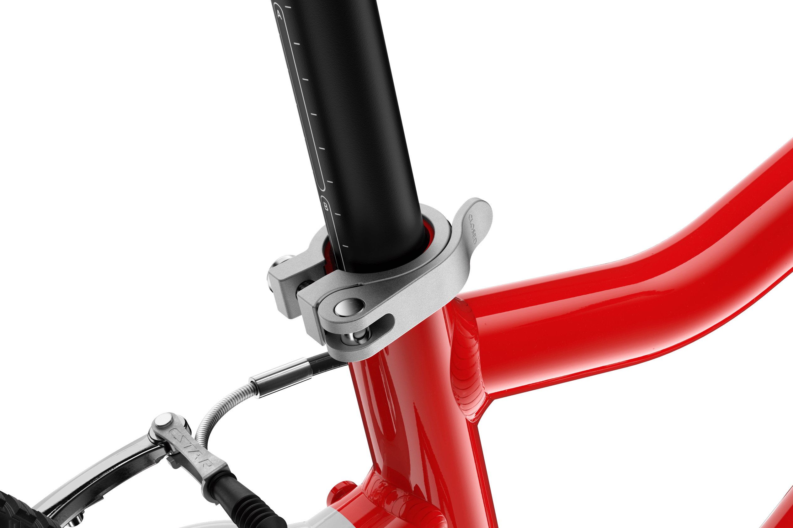 Silver seatpost clamp with silver quick-release lever on the woom GO 3 children's bike