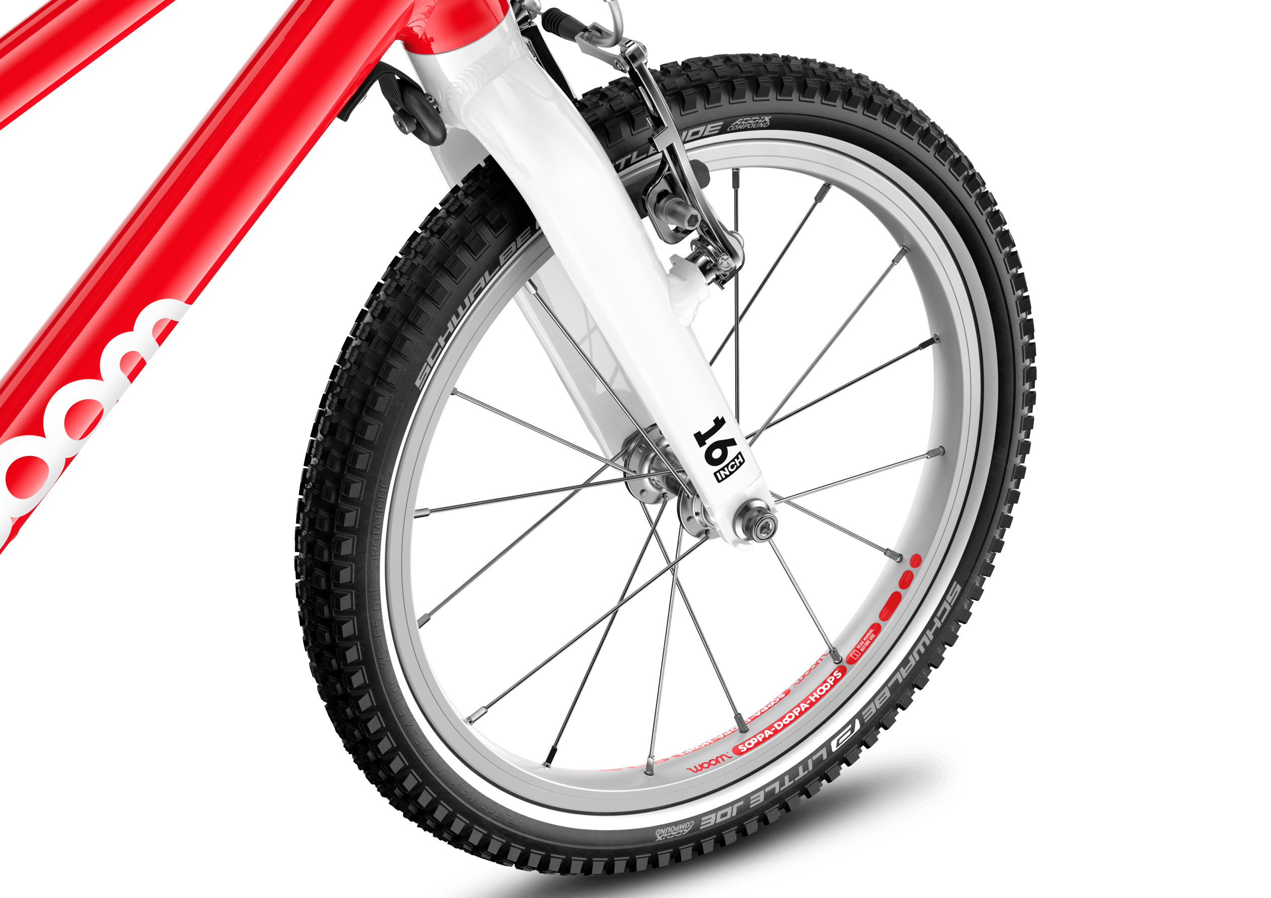 Detailed view of the front 16″ wheel on the woom GO 3 children's bike