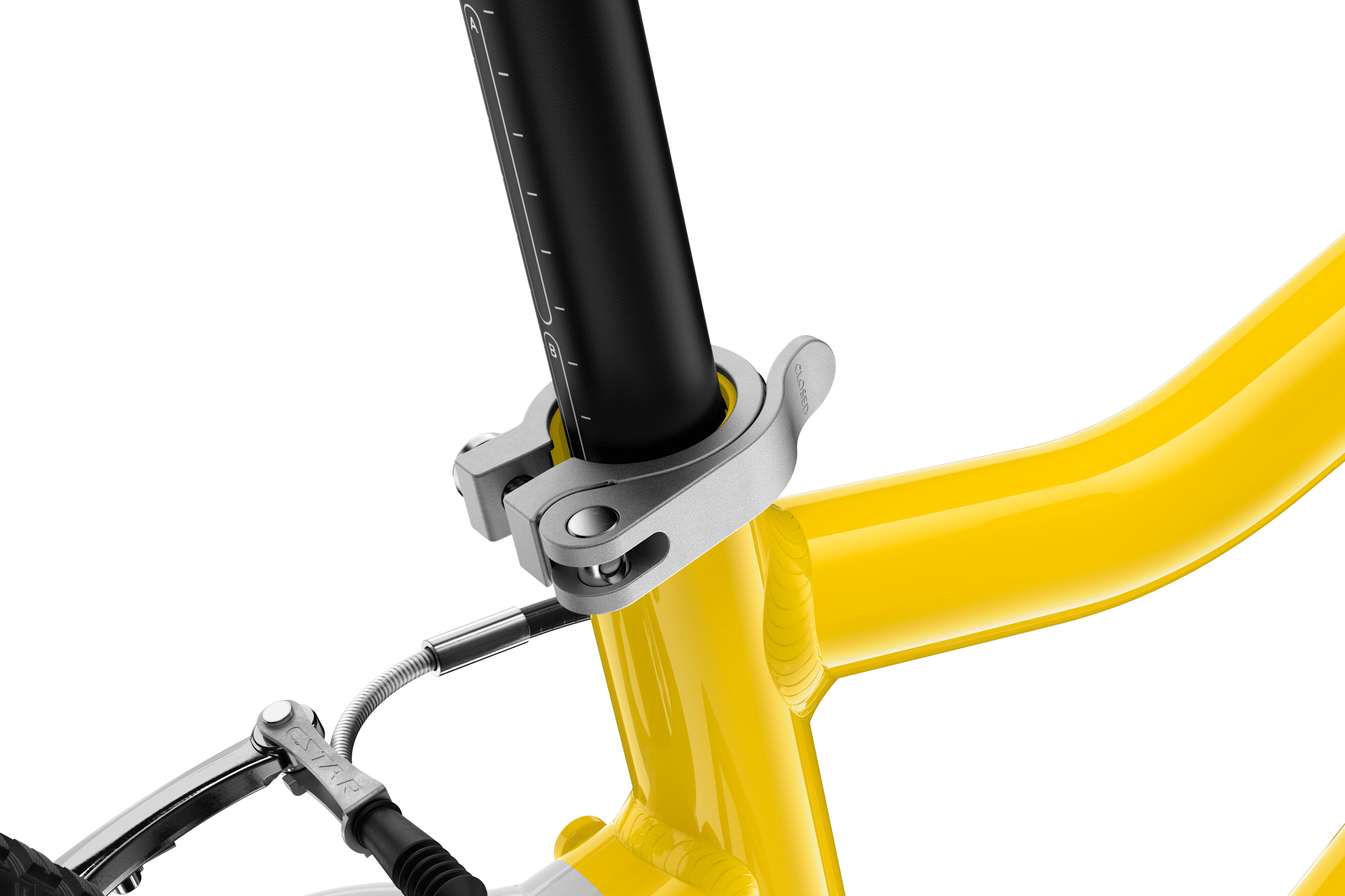 Silver seatpost clamp with silver quick-release lever on the woom GO 3 children's bike