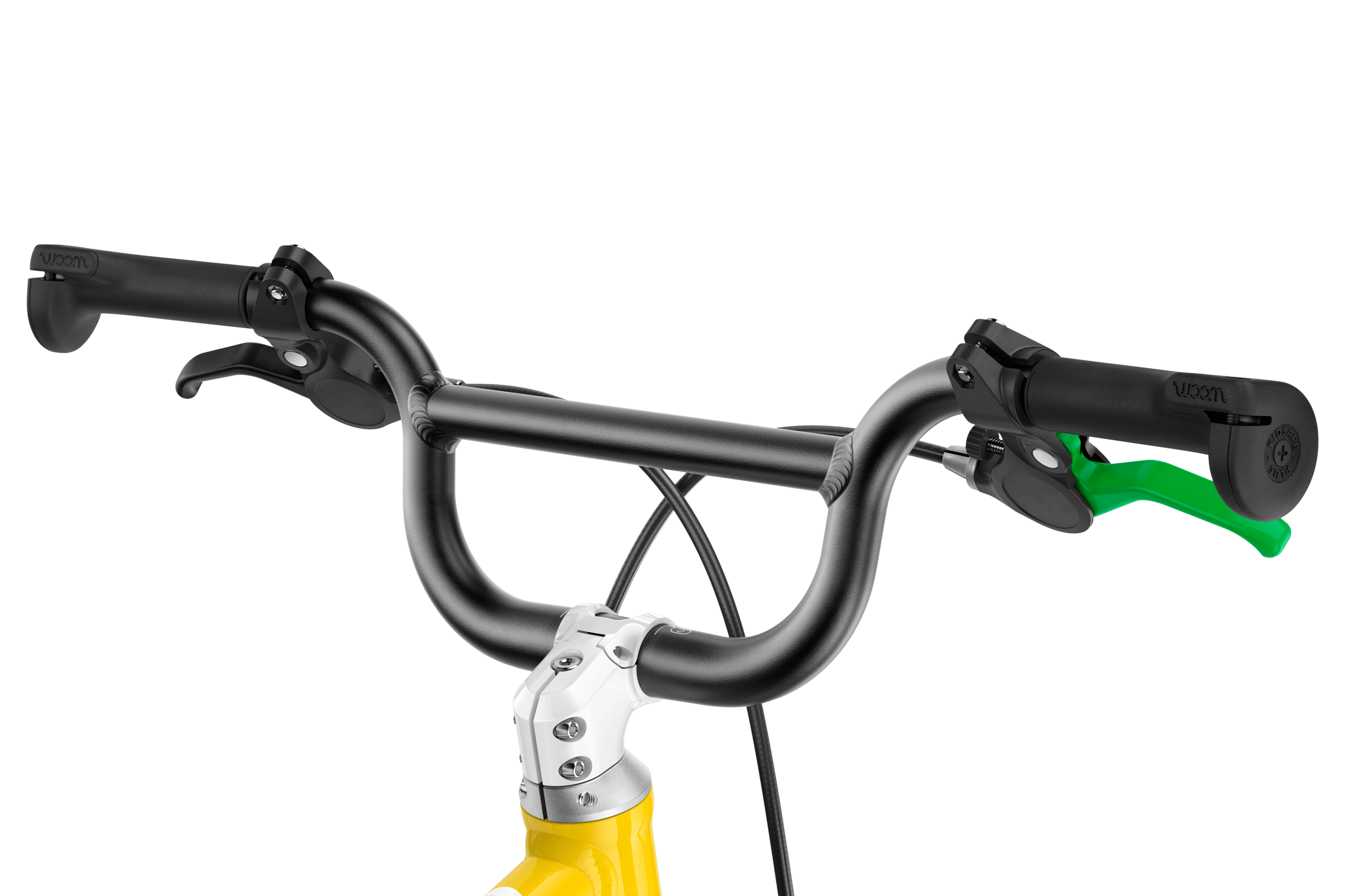 Detailed view of the stem, BMX handlebars and grips on the woom GO 3 children's bike