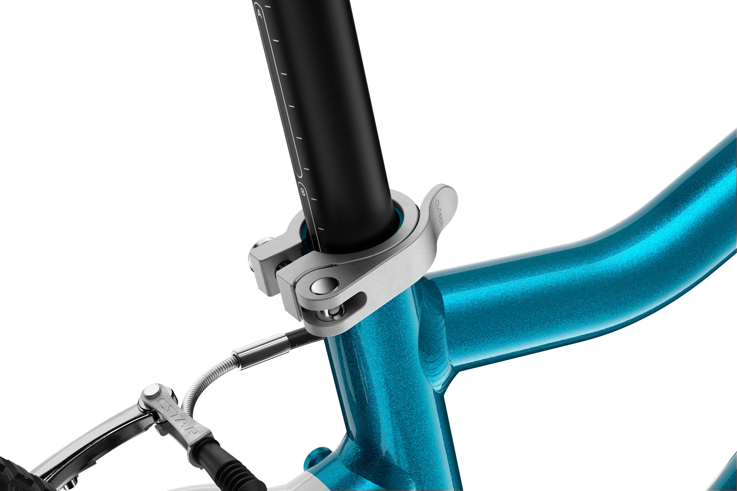 Detailed view of the quick-release skewer for the front wheel on the woom GO 4 children's bike with 20″ wheels