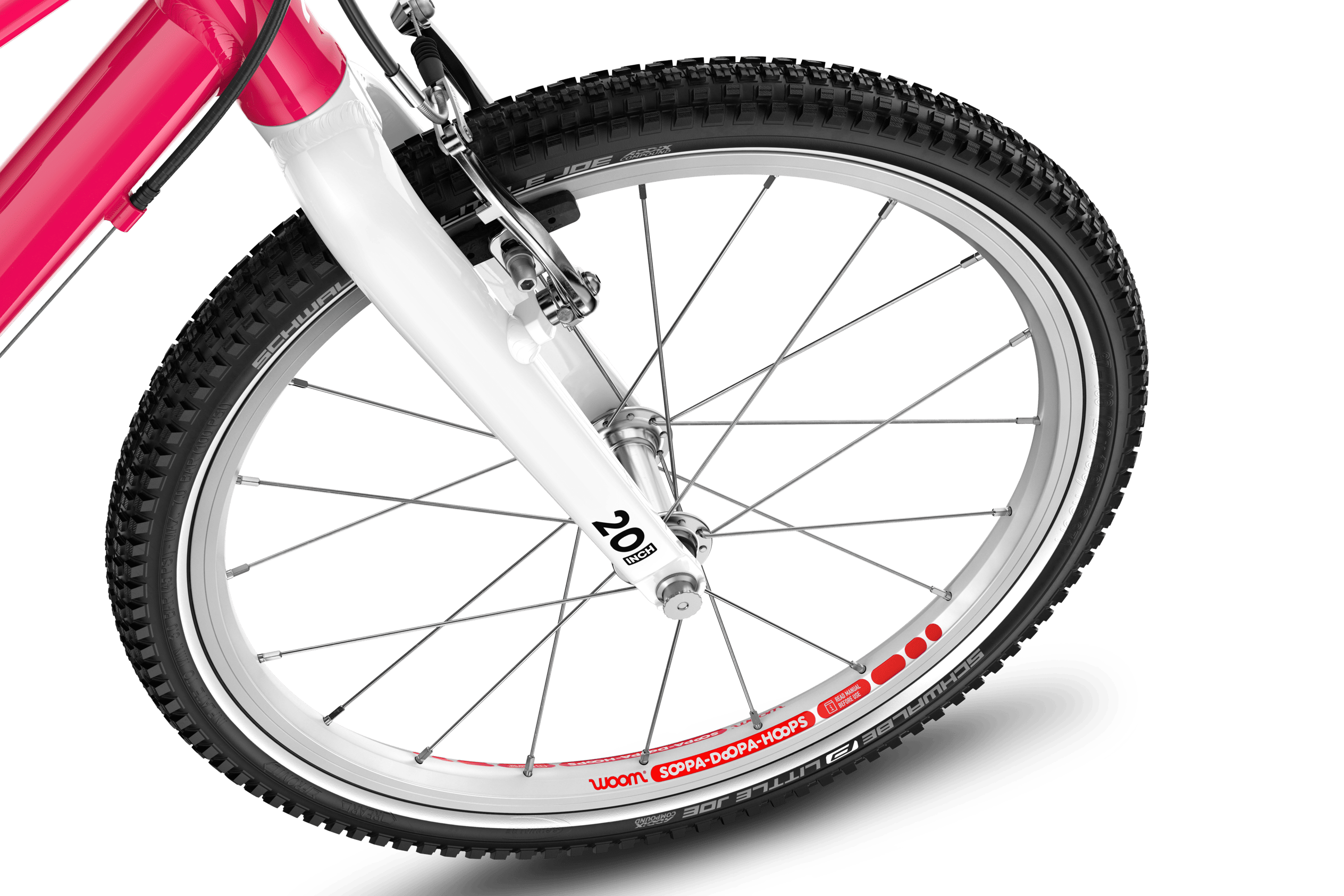 Detailed view of the front 20″ wheel on the woom GO 4 children's bike