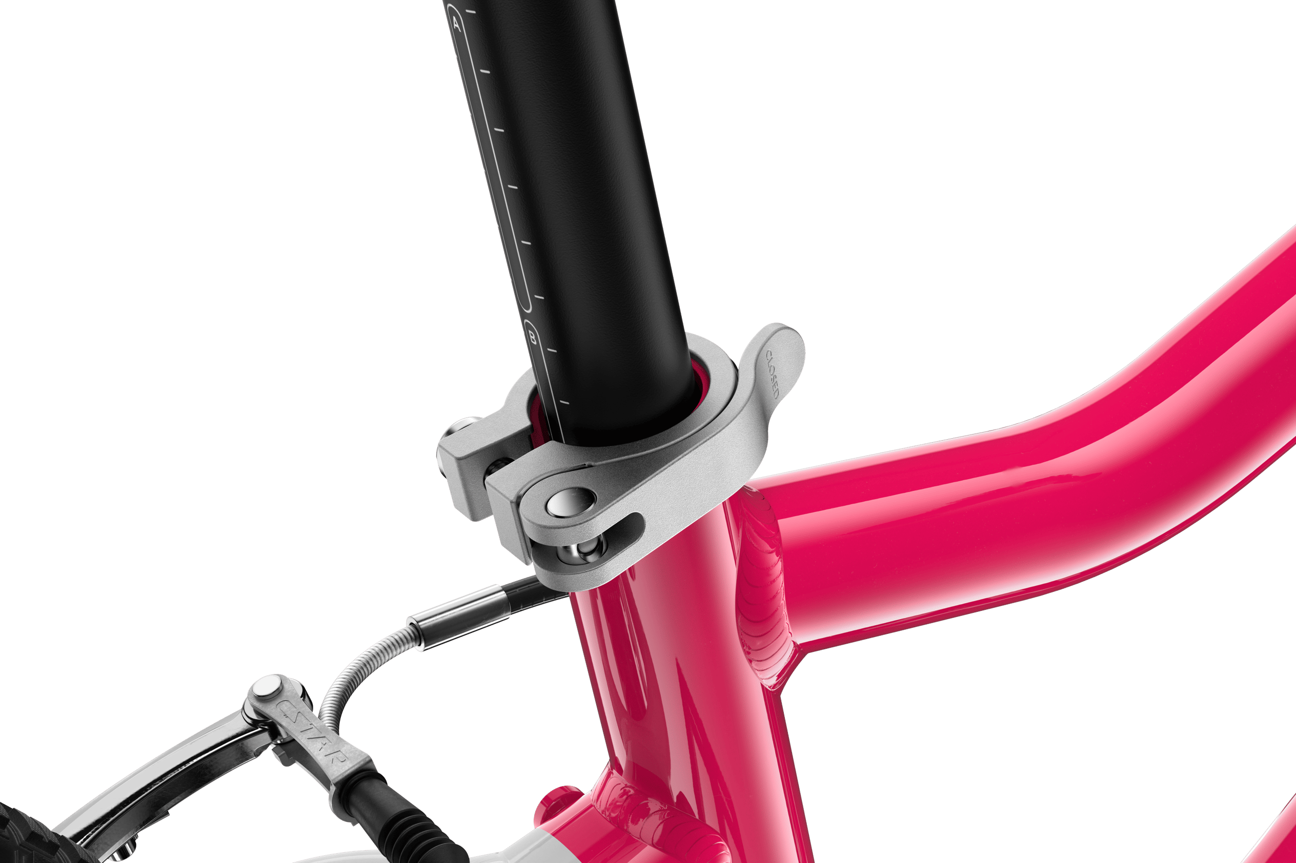 Detailed view of the quick-release skewer for the front wheel on the woom GO 4 children's bike with 20″ wheels