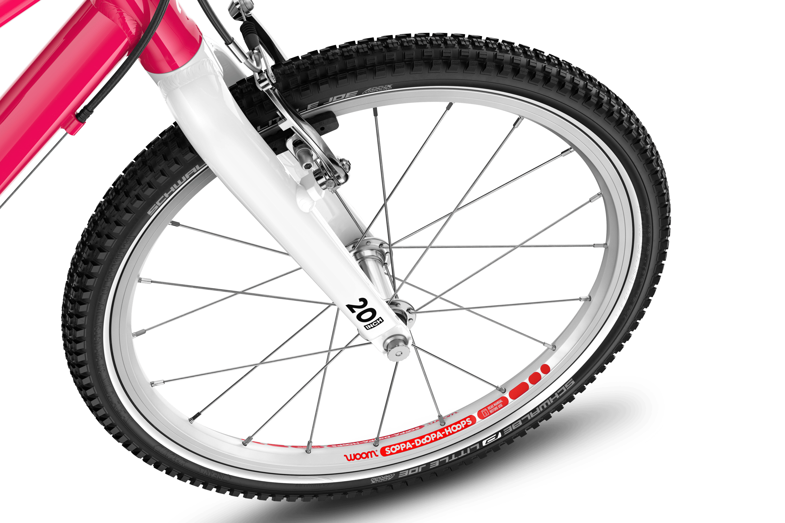 Detailed view of the front 20″ wheel on the woom GO 4 children's bike