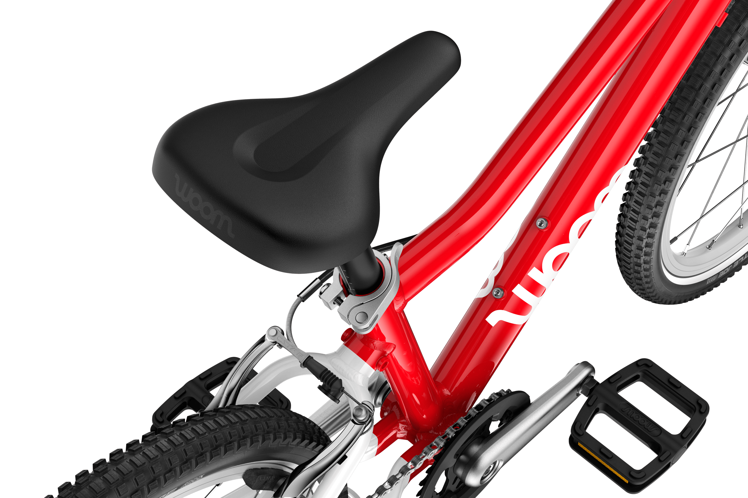 Detailed view of the saddle on the woom GO 4 children's bike